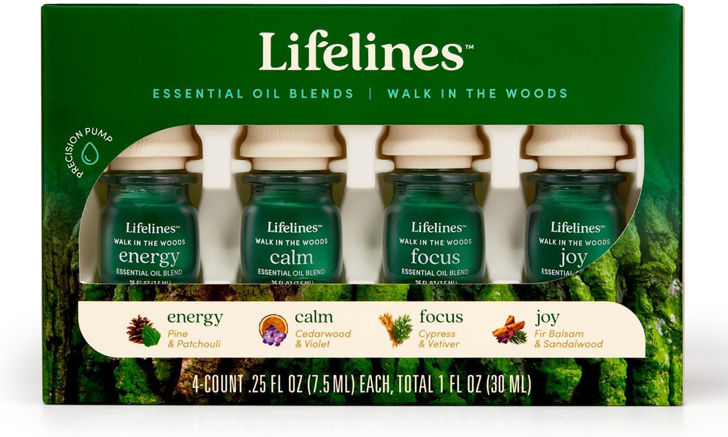 Lifelines Mezcla de aceites esenciales “Walk in The Woods”, paquete de 4, aceites de pino y pachulí para difusor, aceites esenciales 100% puros y