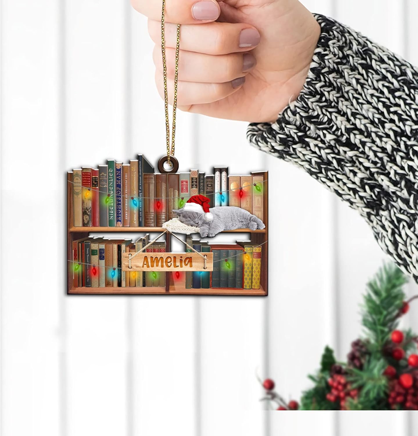 Adorno de Navidad personalizado para amantes de los libros, adorno de gato y pila de libros, adorno de Navidad de libro de lectura, regalo para su