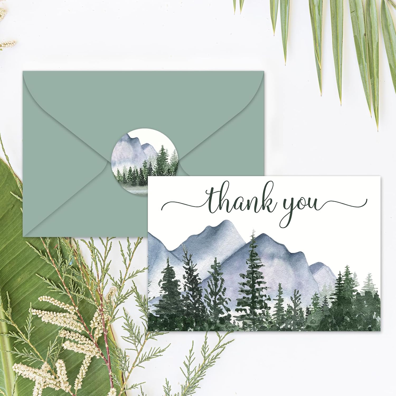 AnyDesign – 25 tarjetas de felicitación de bosque de acuarela, tarjetas de agradecimiento con sobres y calcomanías adhesivas, tarjeta de regalo en