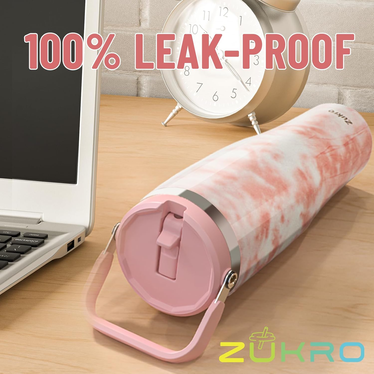 Zukro Vaso de 50 onzas con asa superior, botella de agua de acero inoxidable aislada a prueba de fugas con popote abatible para viajes, al aire