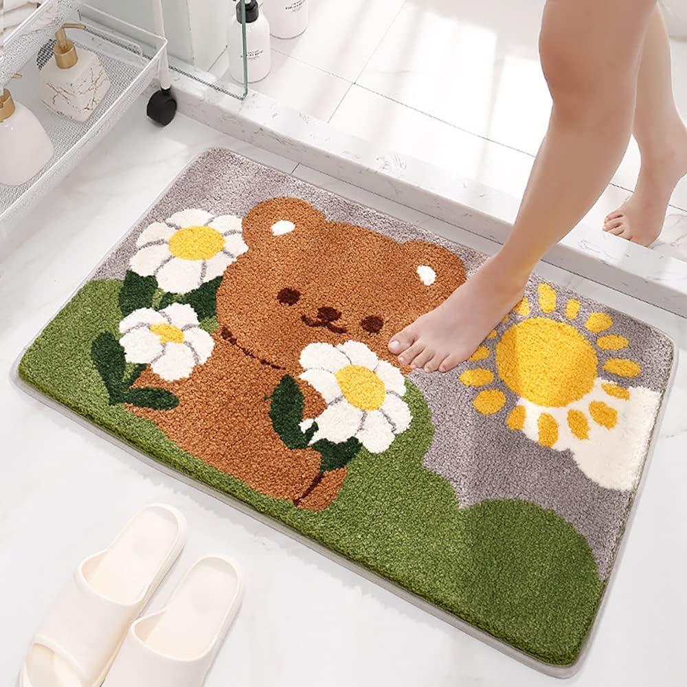 Tyrafry Bonita alfombra de baño de 16 x 24 pulgadas, tapete de oso para baño y dormitorio, antideslizante, absorbente, suave, tapete de baño peludo,