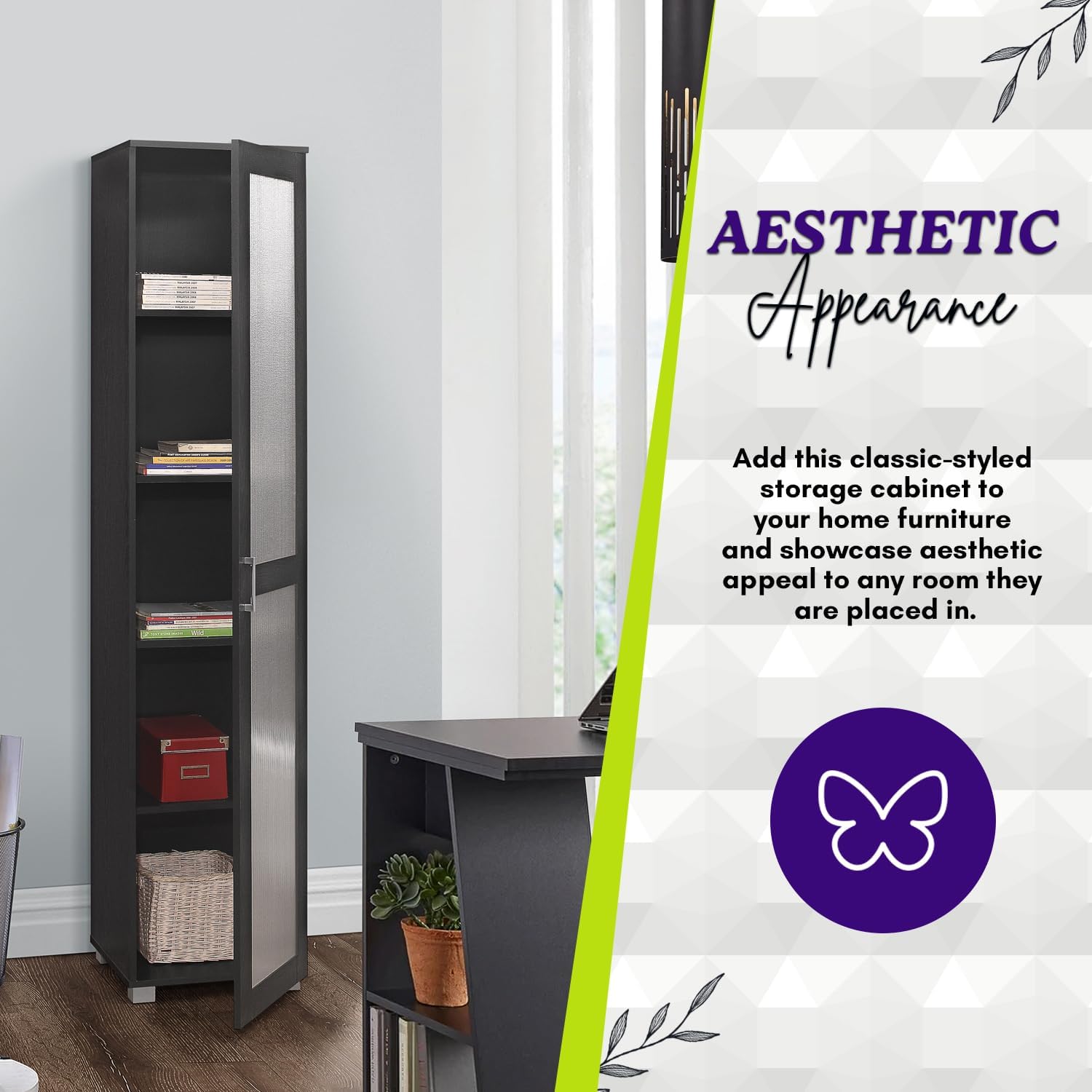 Kings Brand Furniture Romero – Armario de almacenamiento alto Curio, estantería alta perfecta para sala de estar, cocina, dormitorio y oficina,