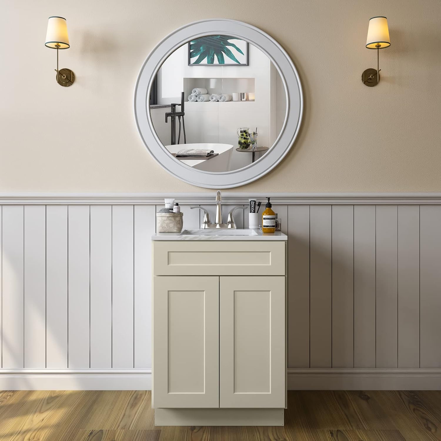 LOVMOR Gabinete de baño, 27’W, Shaker Antique White, Unidad de almacenamiento de un solo fregadero, Gabinete de almacenamiento para fregadero con