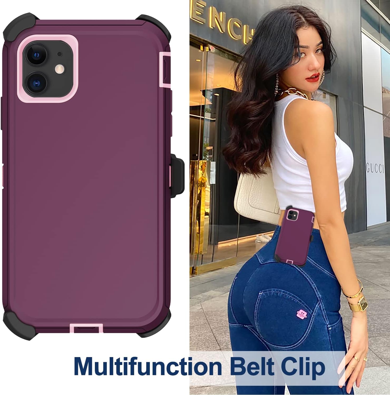 Funda para iPhone 11 con funda de clip para cinturón, 2 protectores de pantalla, grado militar resistente a prueba de golpes, a prueba de polvo y