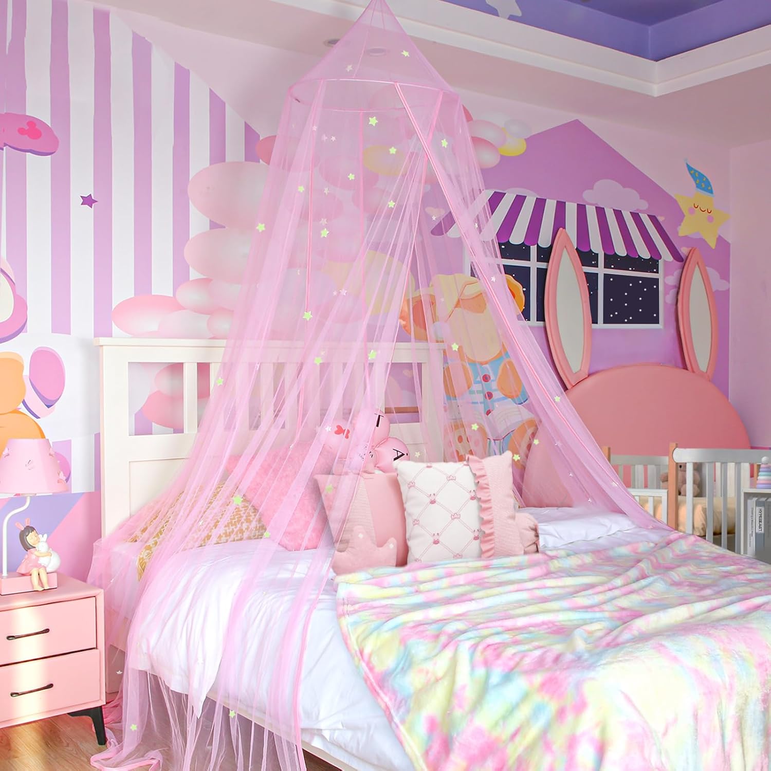 MACEVIA Toldo de cama para niñas, toldo de princesa con estrellas brillantes, toldo de decoración de guardería para cama de niños, cama de bebé,
