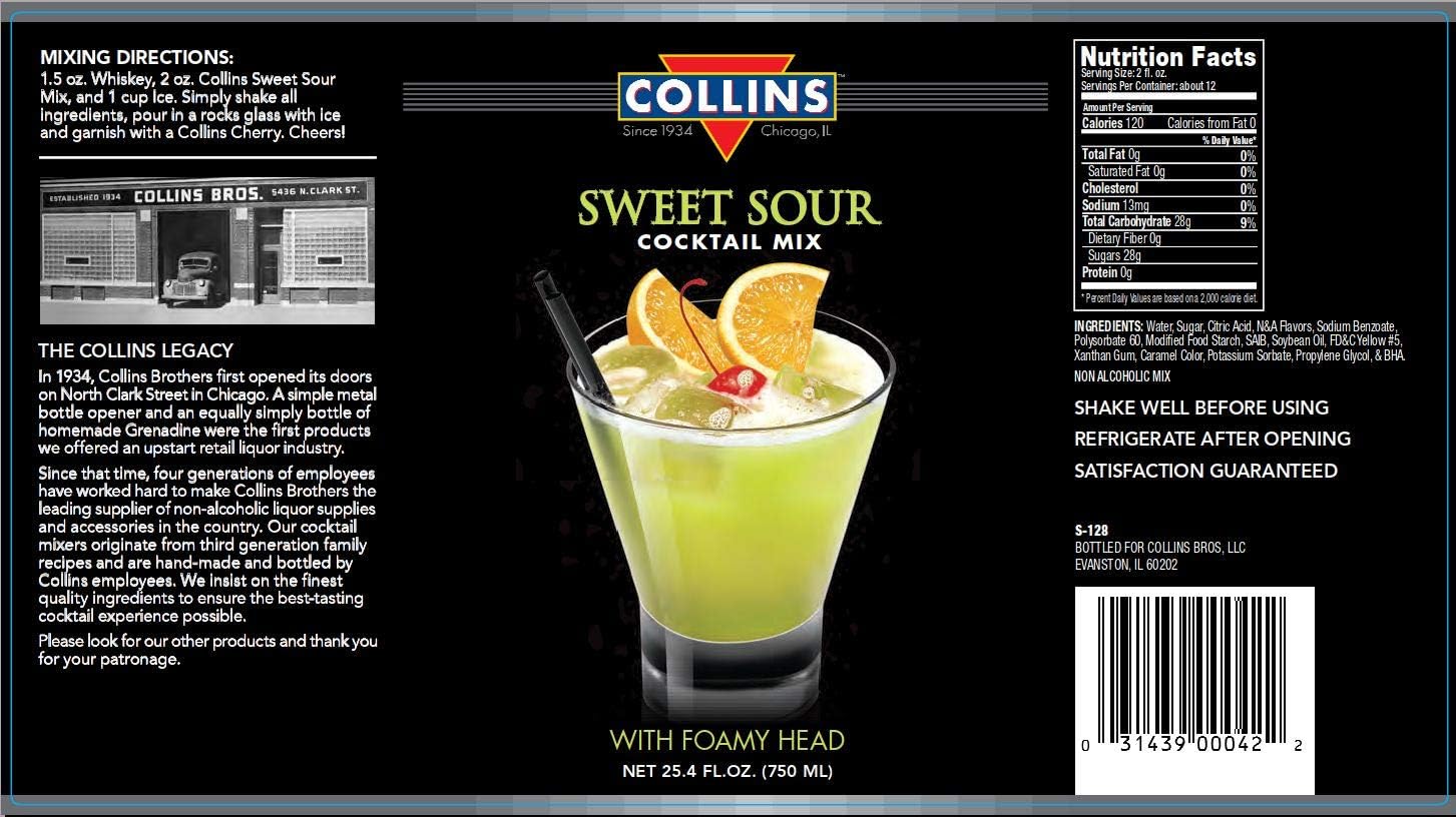 Collins Mezcla agridulce, hecha con jugo de naranja real y limón, ingrediente clásico de la receta de cóctel, 32 onzas líquidas