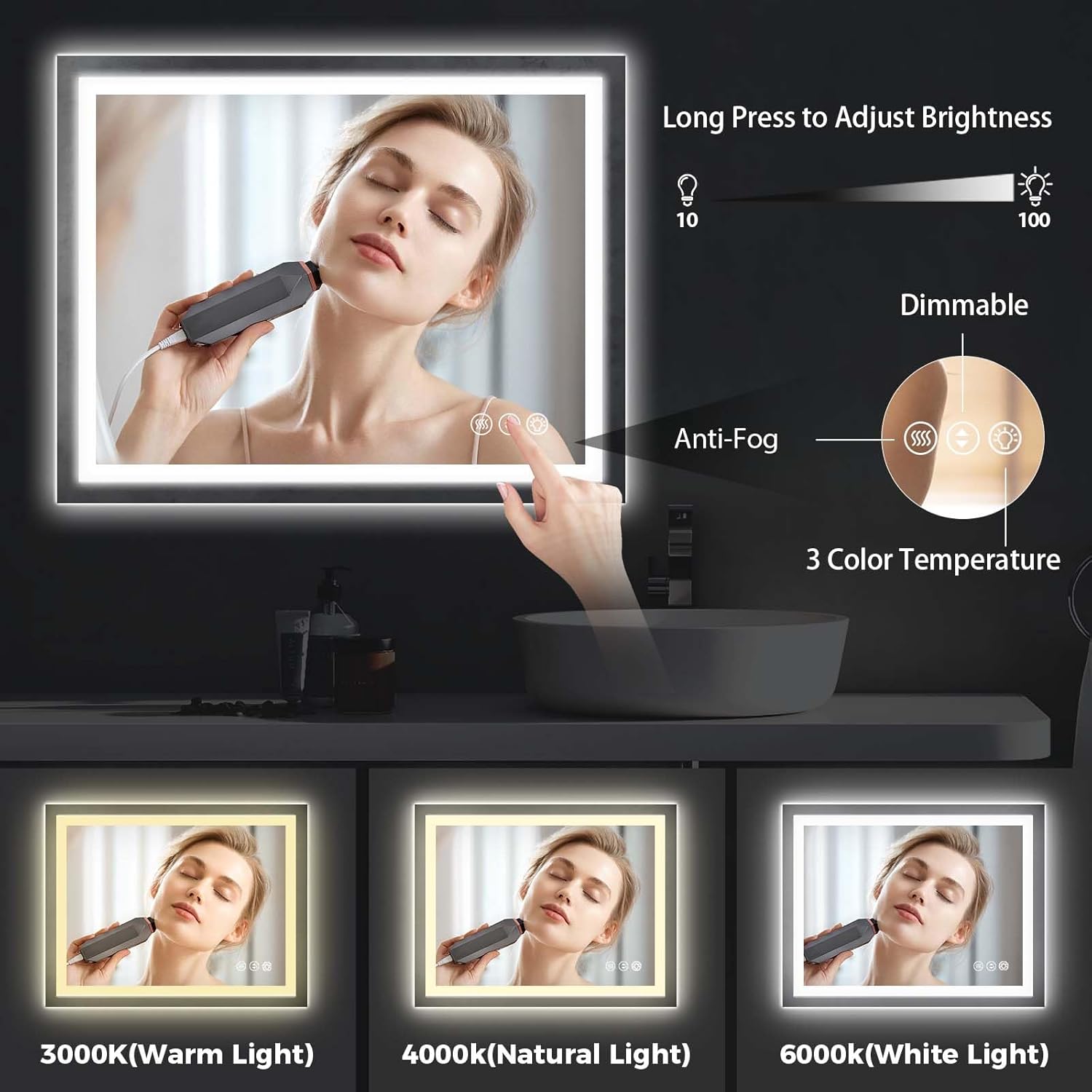 Espejo de baño LED de 20 x 28 pulgadas con luces, antiniebla, regulable, retroiluminación de 3 colores + iluminación frontal inteligente para