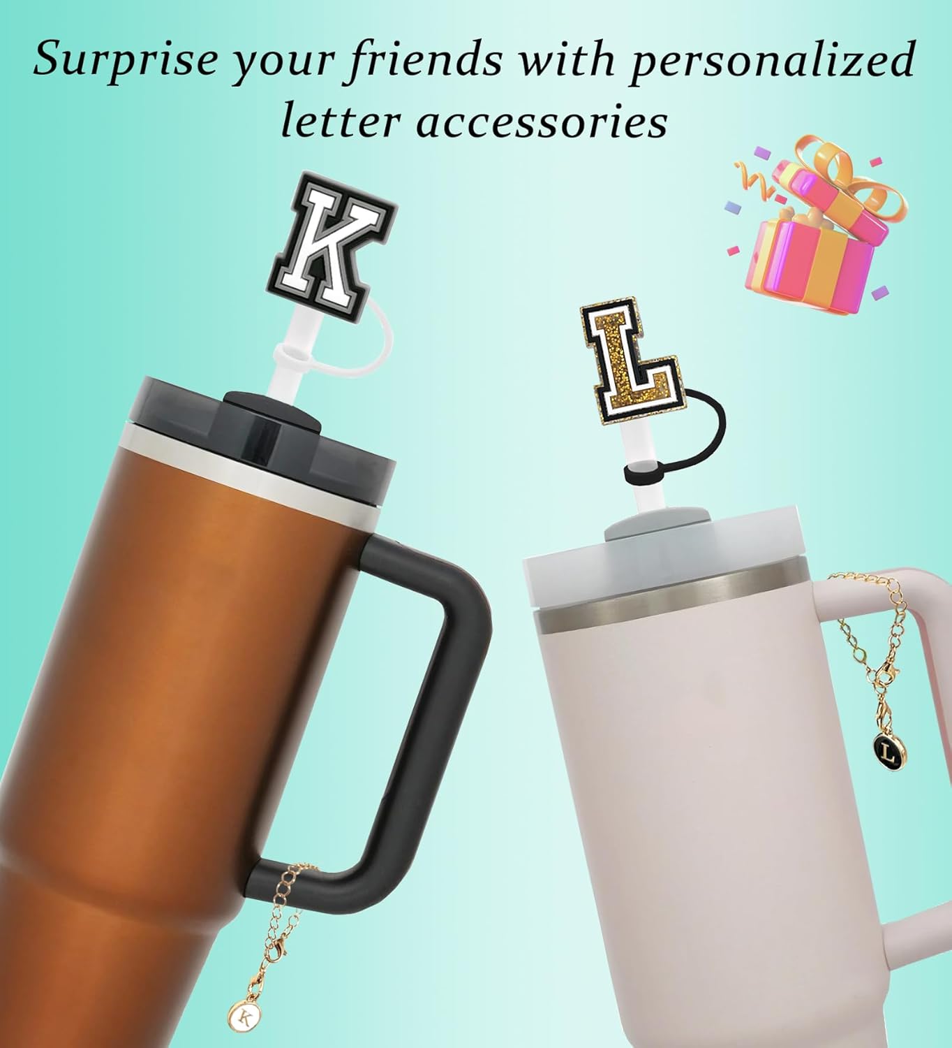 (3 +3) 3 fundas de popote de Nuozme de 0.394 pulgadas para vaso Stanley, reutilizable, tapa de popote con 3 dijes de letras iniciales, accesorios