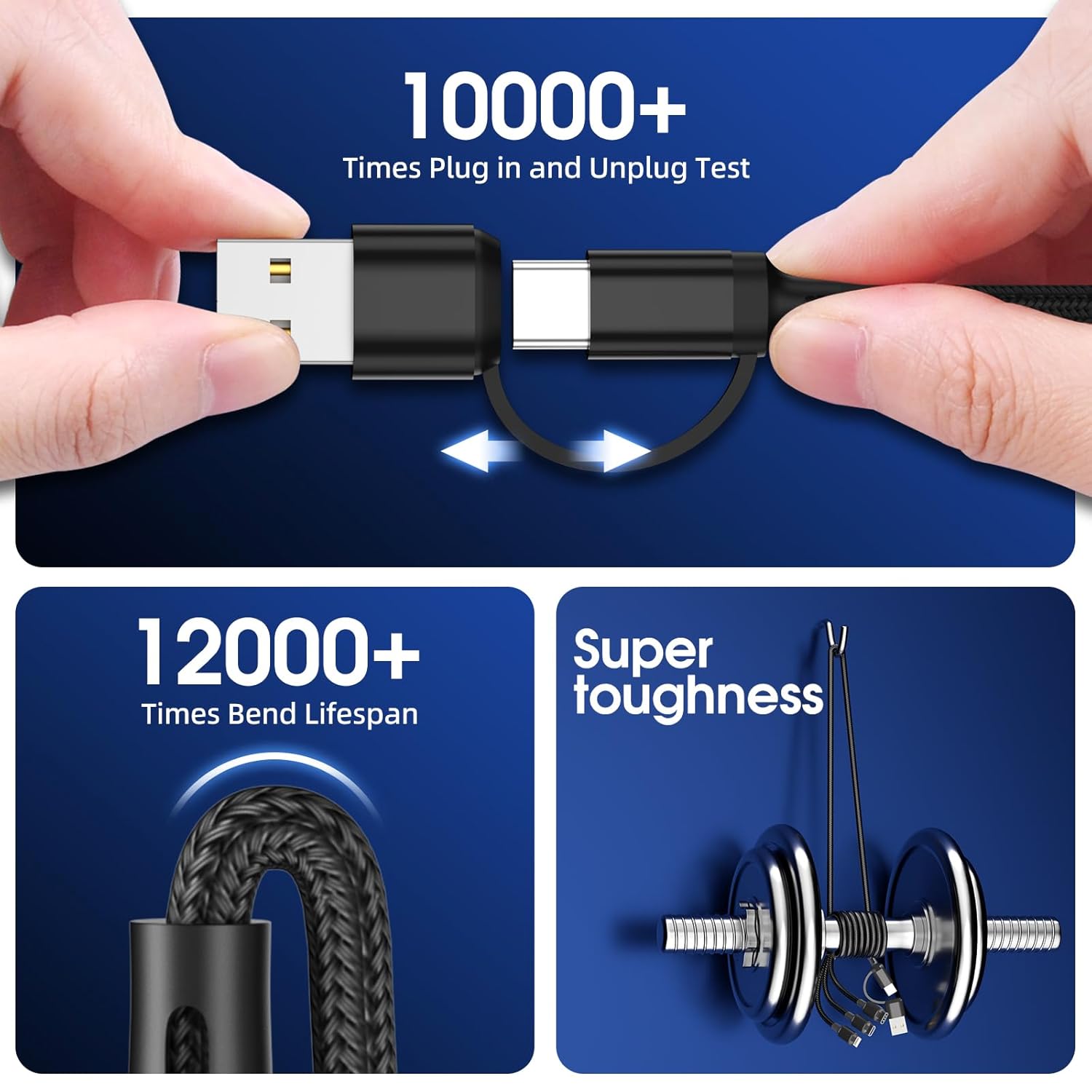 Cable de carga múltiple 6 en 1 3 unidades de 4 pies Cable de carga múltiple de nailon trenzado múltiple cable de carga rápida USB AC a teléfono USB