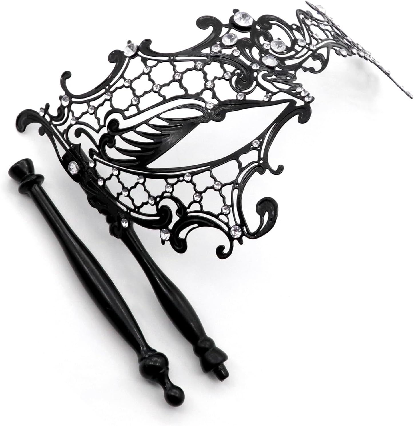 Thmyo Máscara veneciana de fiesta de Mardi Gras de Halloween con palo de sujeción, máscara de mano con plumas de metal y diamantes de imitación