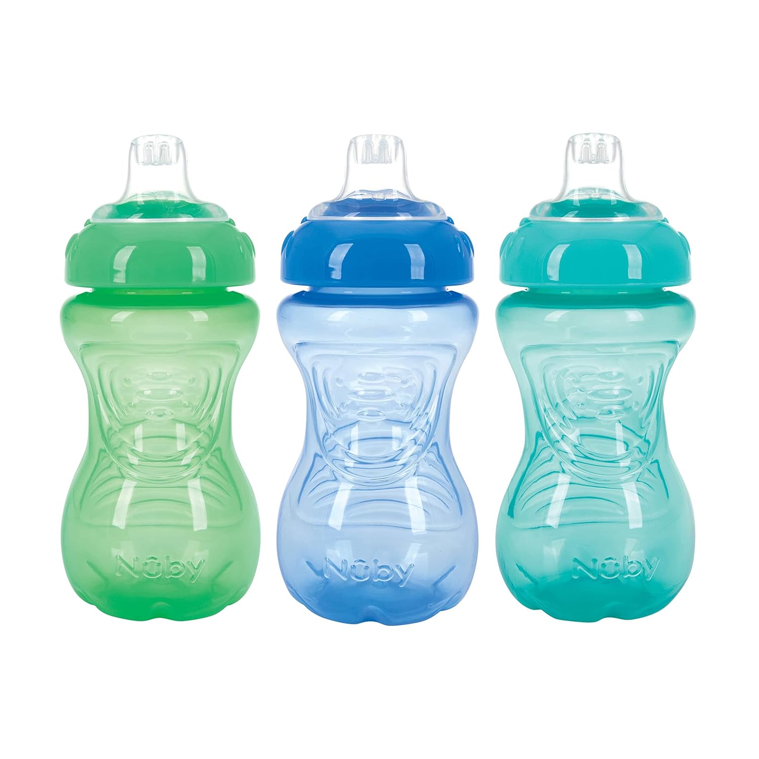 Nuby Paquete de 3 vasos antiderrames para niños pequeños, a prueba de derrames, con agarre fácil y firme, sin BPA, azul, aguamarina, verde