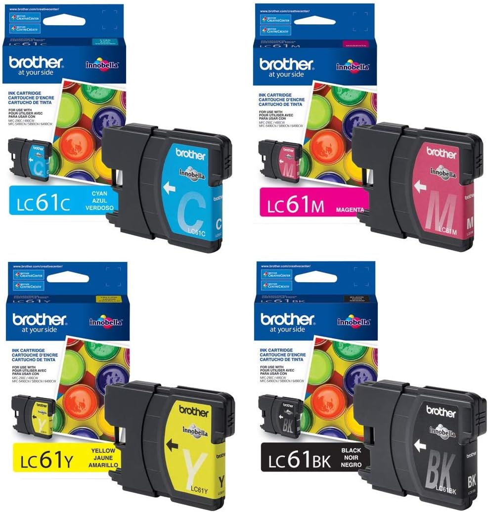 Brother Juego de cartuchos de tinta LC61 de 4 colores cian, magenta, amarillo y negro, LC61BK, LC61C, LC61M, LC61Y