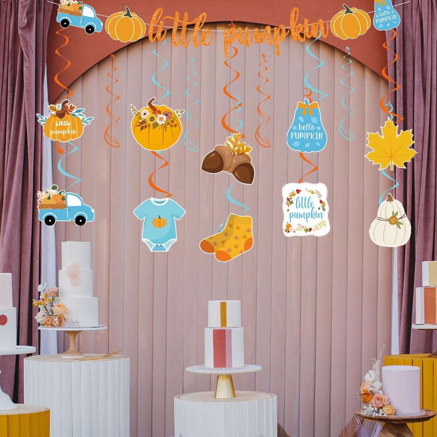Gameza Decoraciones de otoño para baby shower, 15 unidades, decoración azul de Acción de Gracias, pancarta de calabaza pequeña, decoración de