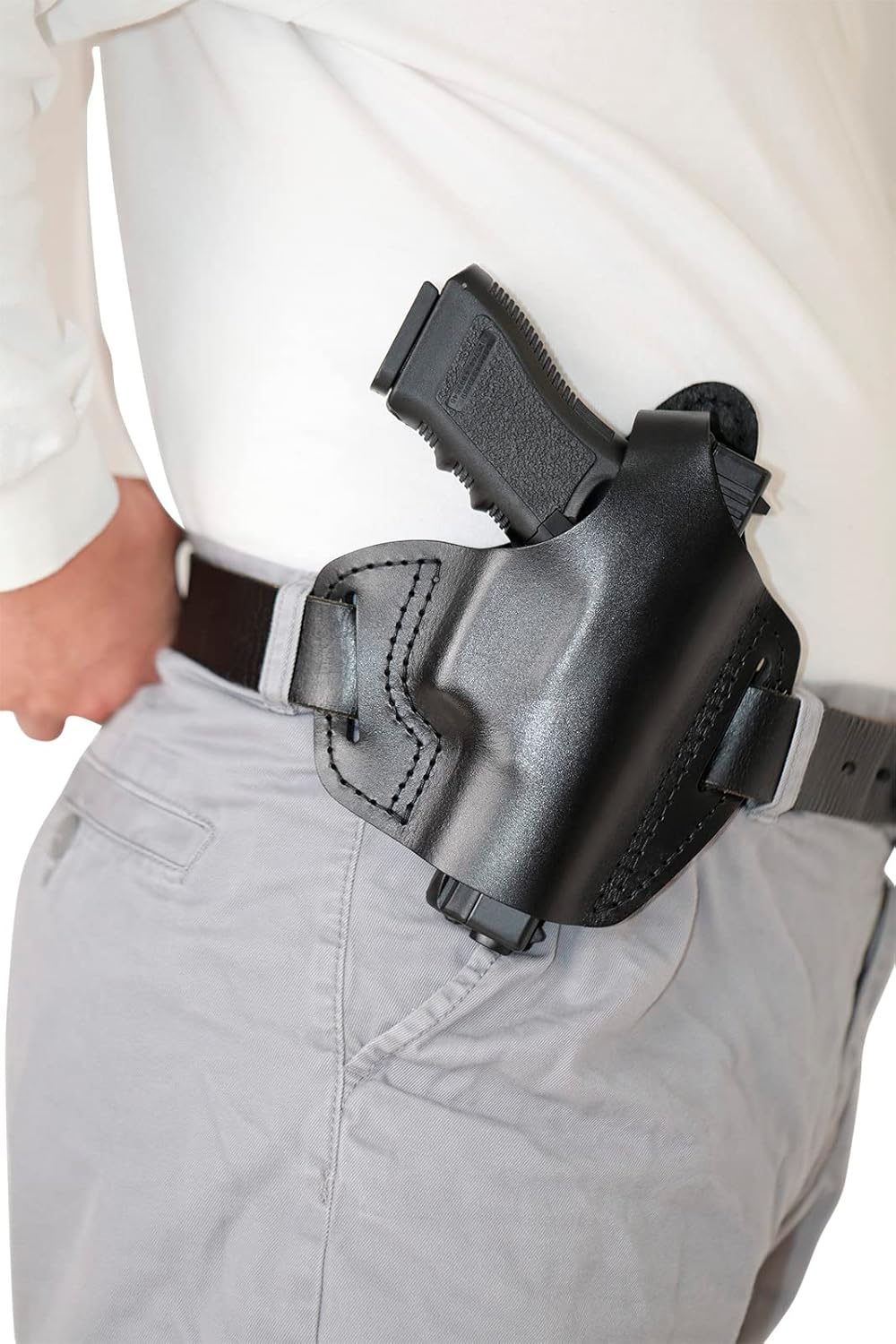 Funda de cuero con 2 ranuras OWB compatible con Glock 17 19 22 26 32 33  S&W M&P ShieldSpringfield XD y XDSPlus todas las pistolas de tamaño similar