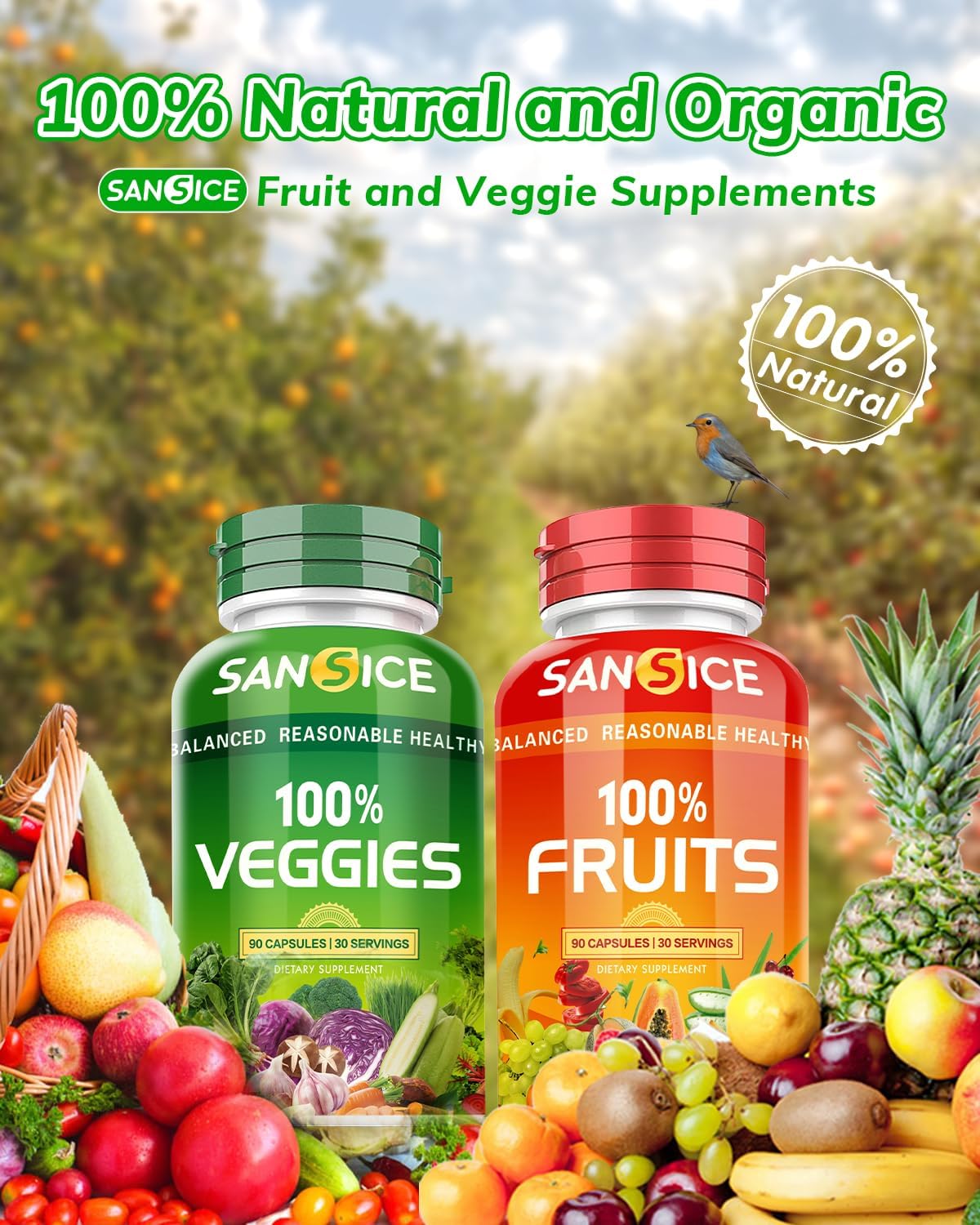 SANSICE Suplemento de frutas y verduras, vitaminas 100% naturales de frutas y verduras, sin soja y sin OMG, suplementos de verduras y frutas para