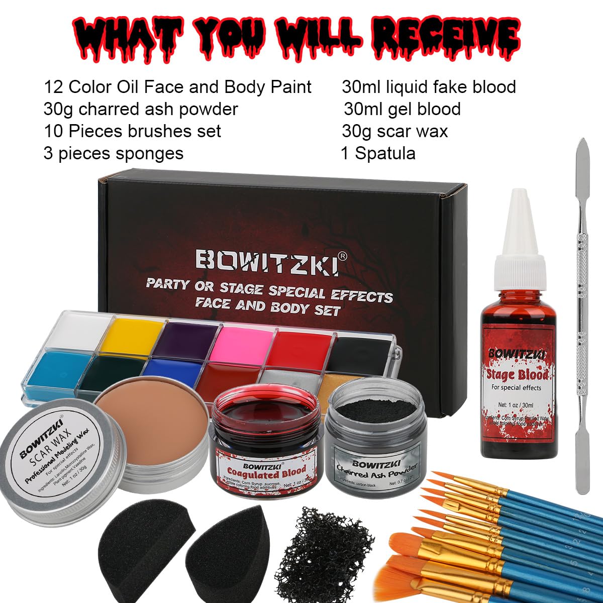 Bowitzki Maquillaje de Halloween Efectos especiales Aceite Cara Cuerpo Pintura Falso Cera Cera de Cicatriz de Sangre Carbonizada Polvo con Esponjas