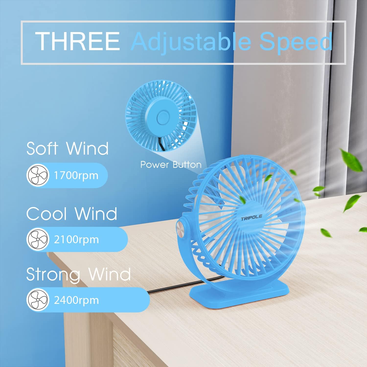 TriPole Ventilador de escritorio alimentado por USB, pequeño ventilador personal de 3 velocidades, mini ventilador de flujo de aire fuerte, rotación