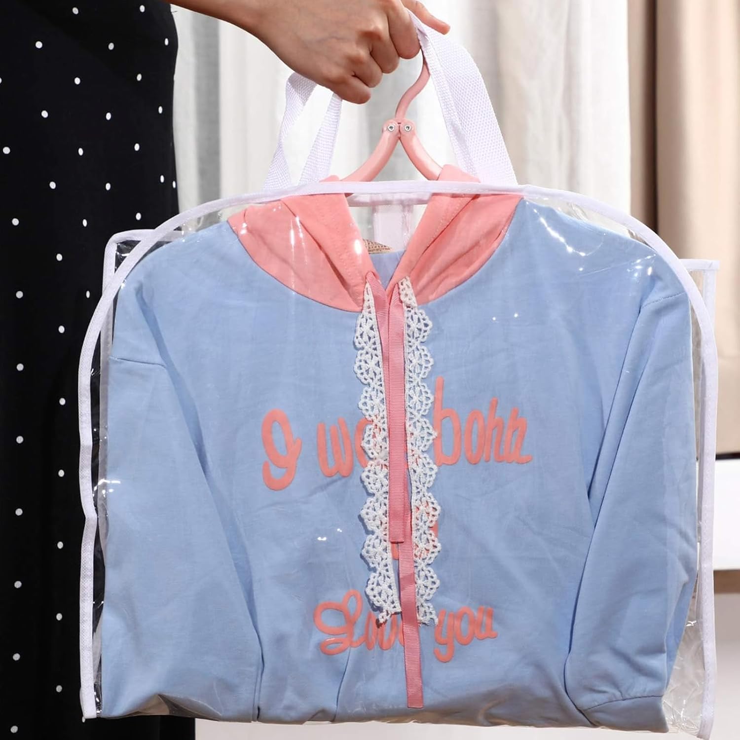 Maitys Bolsa colgante de PVC transparente para disfraz, bolsas de disfraces, funda de traje con bolsillos con cremallera para almacenamiento,
