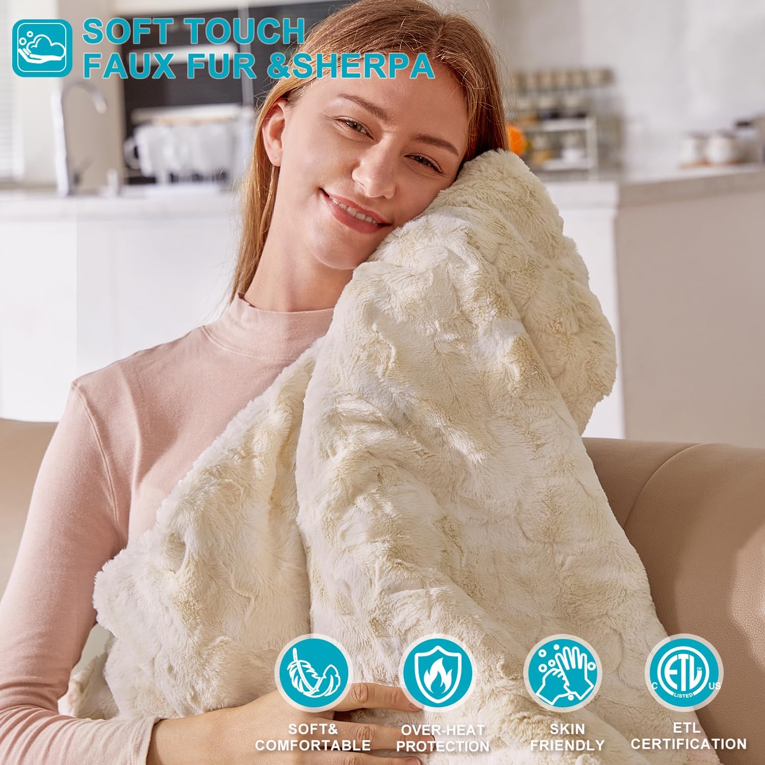 Dowin Manta térmica de piel sintética, tamaño Queen, manta eléctrica Sherpa con 5 niveles de calentamiento rápido y 10 horas de apagado automático,
