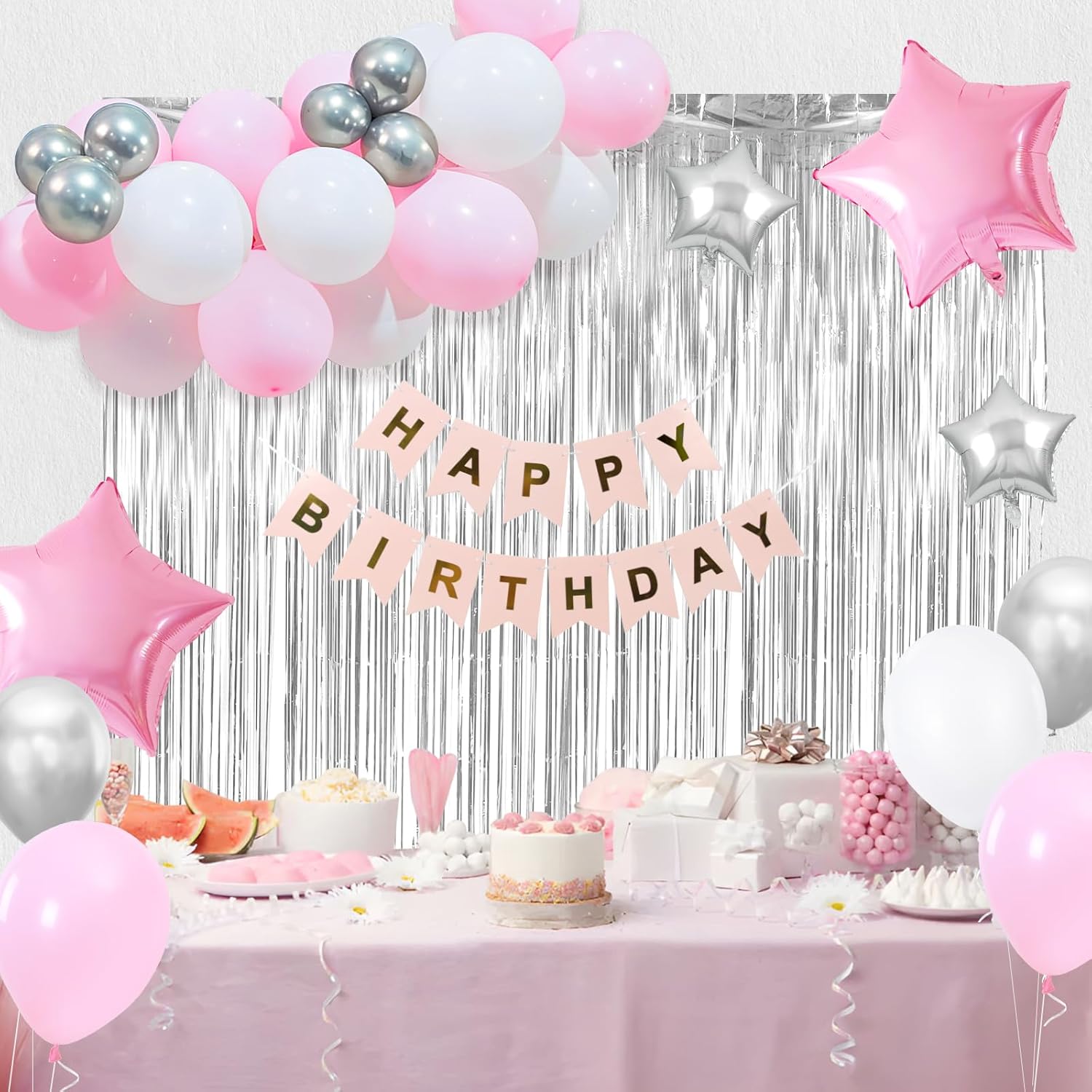 108 piezas de decoración de fiesta rosa, kit de arco de guirnalda de globos con pancarta de feliz cumpleaños, cortinas de flecos metálicos,