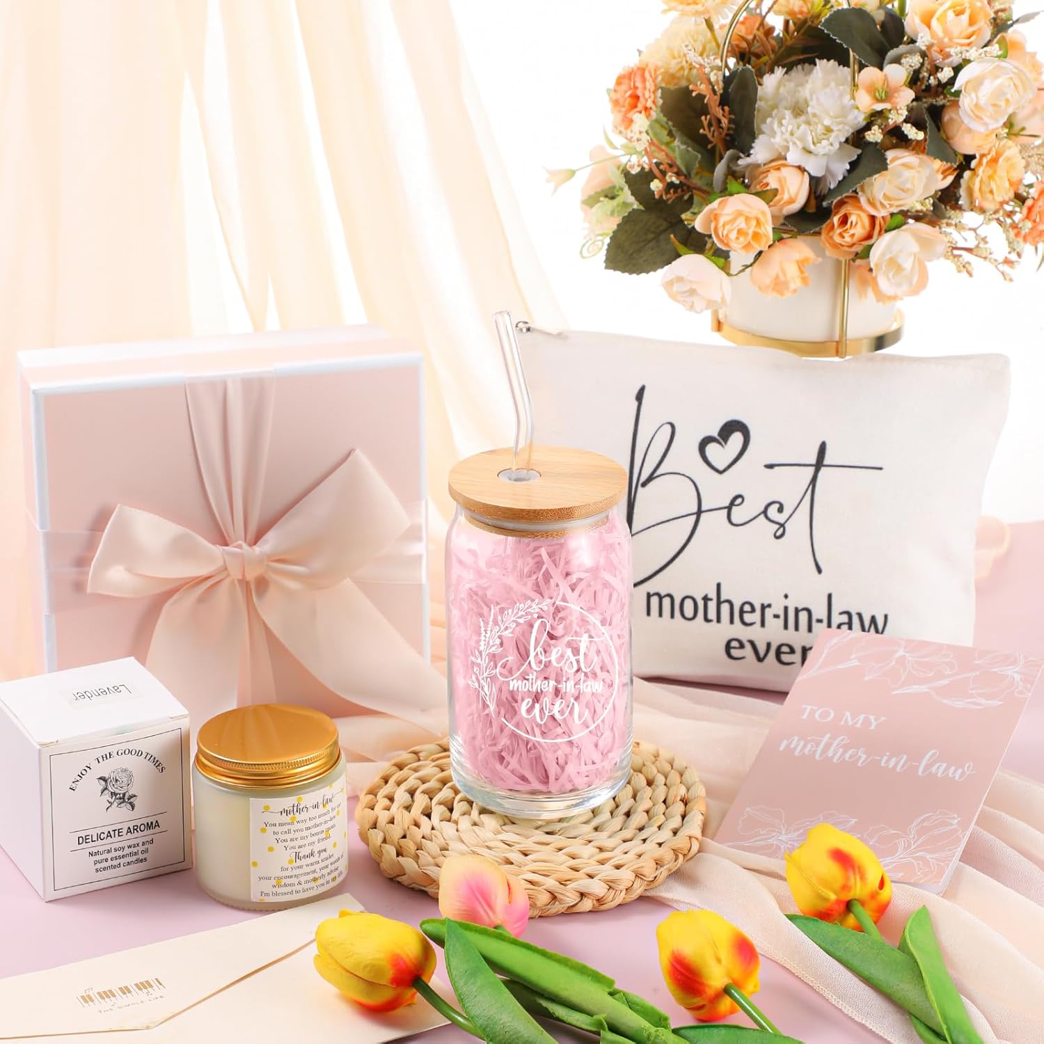 Nuanchu Juego de 5 piezas de regalo para la mejor mamá, taza de cristal de regalo para suegra con tapas de bambú y bolsa de maquillaje con pajita,