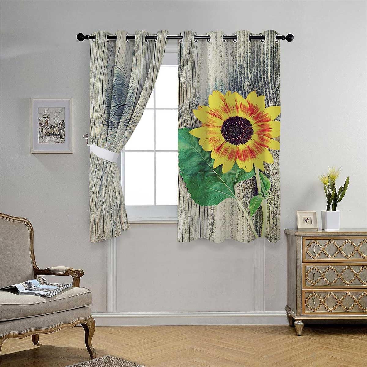 YANFENQI Cortinas a prueba de sonido, decoración de girasol, con ojales, cortinas cortas para armario, cortinas para Ventanas de Cuarto de 63