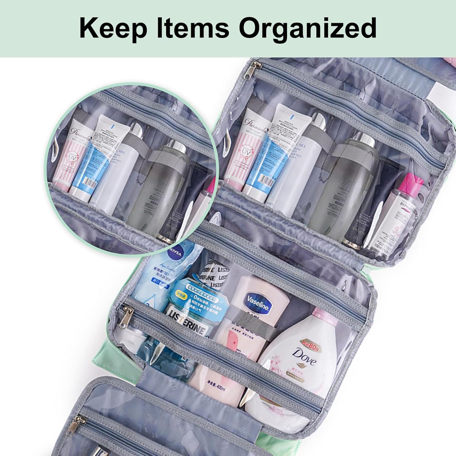 Neceser de viaje para mujer organizador de artículos de tocador colgantes, bolsa de cosméticos con gancho para colgar, organizador de maquillaje