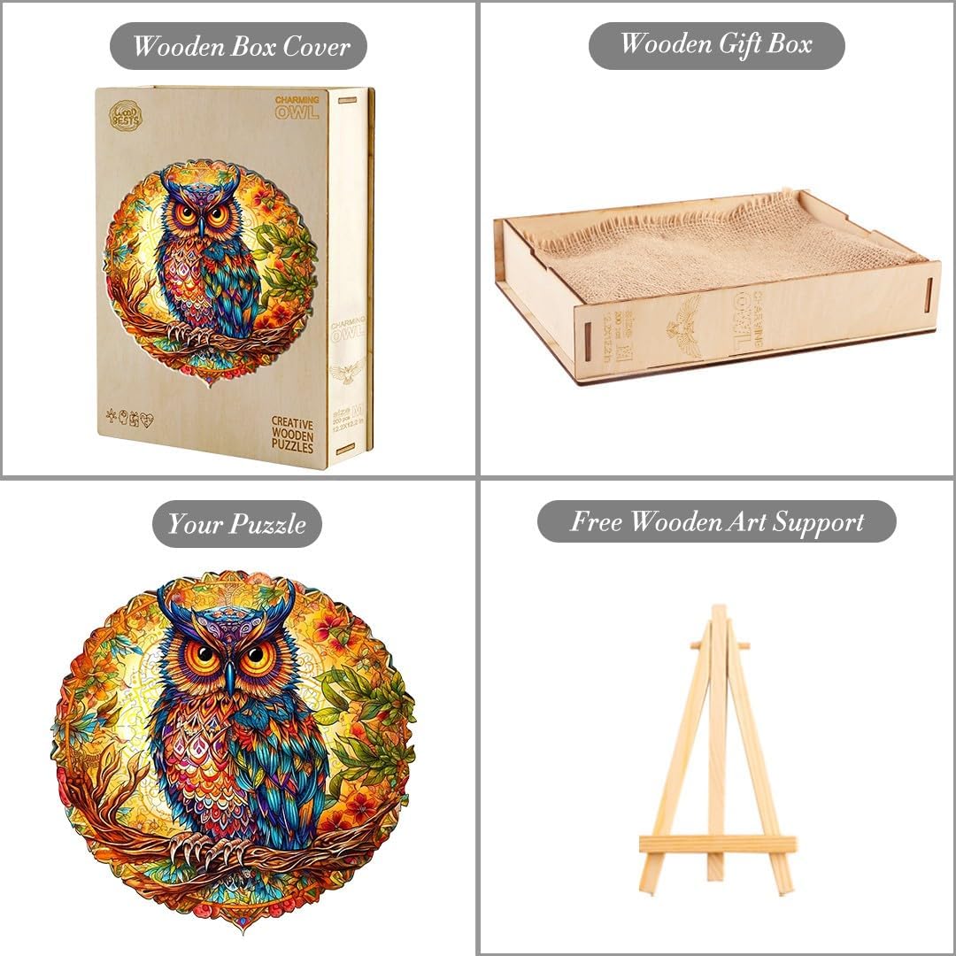 KAAYEE Rompecabezas de madera, encantador rompecabezas de búho, 14.2 x 14.2 pulgadas, 300 piezas, rompecabezas de forma única de animales, regalo