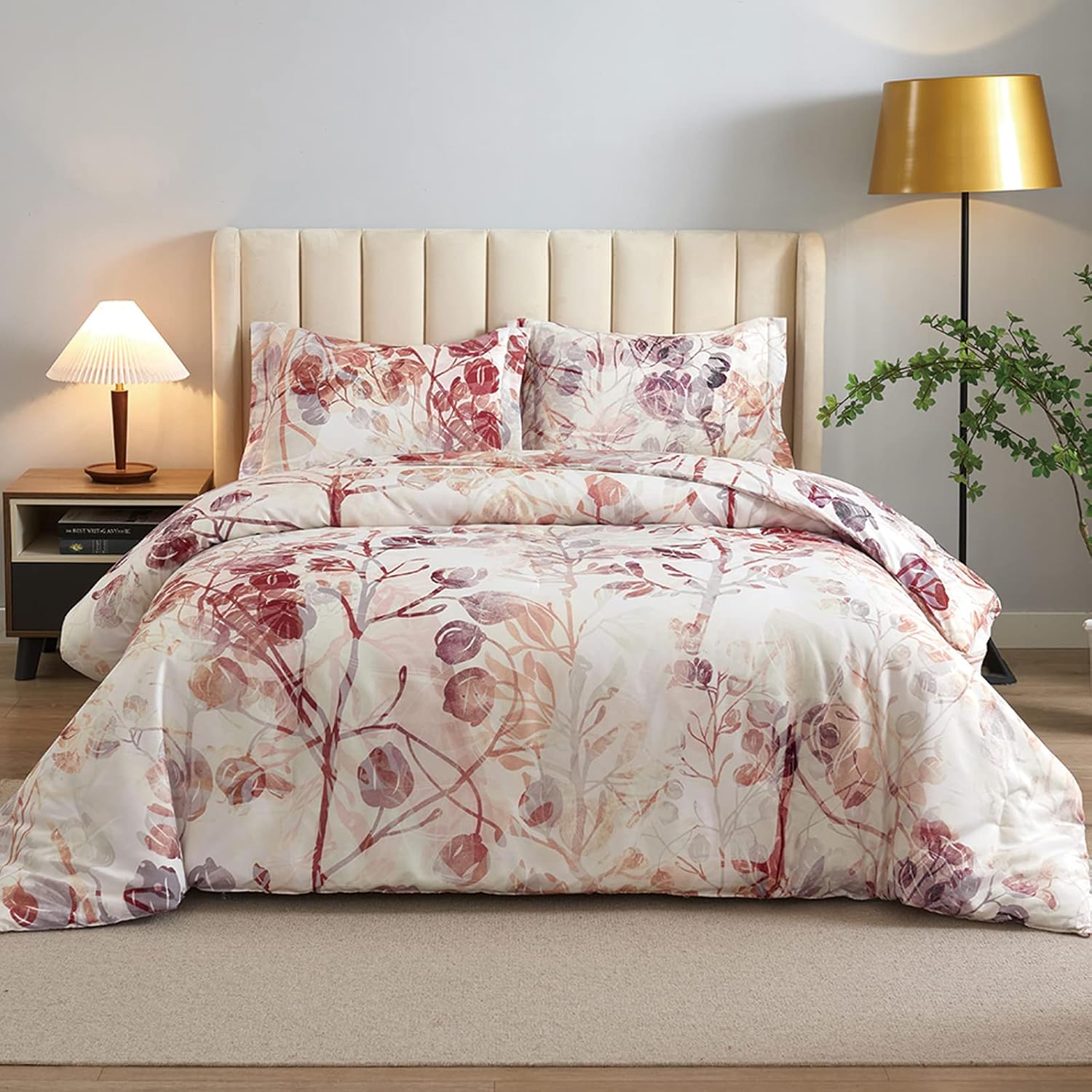 Juego de edredón vintage bohemio tamaño Queen  Juegos de ropa de cama floral con césped y plumas de estilo retro para mujeres, adolescentes y niñas,