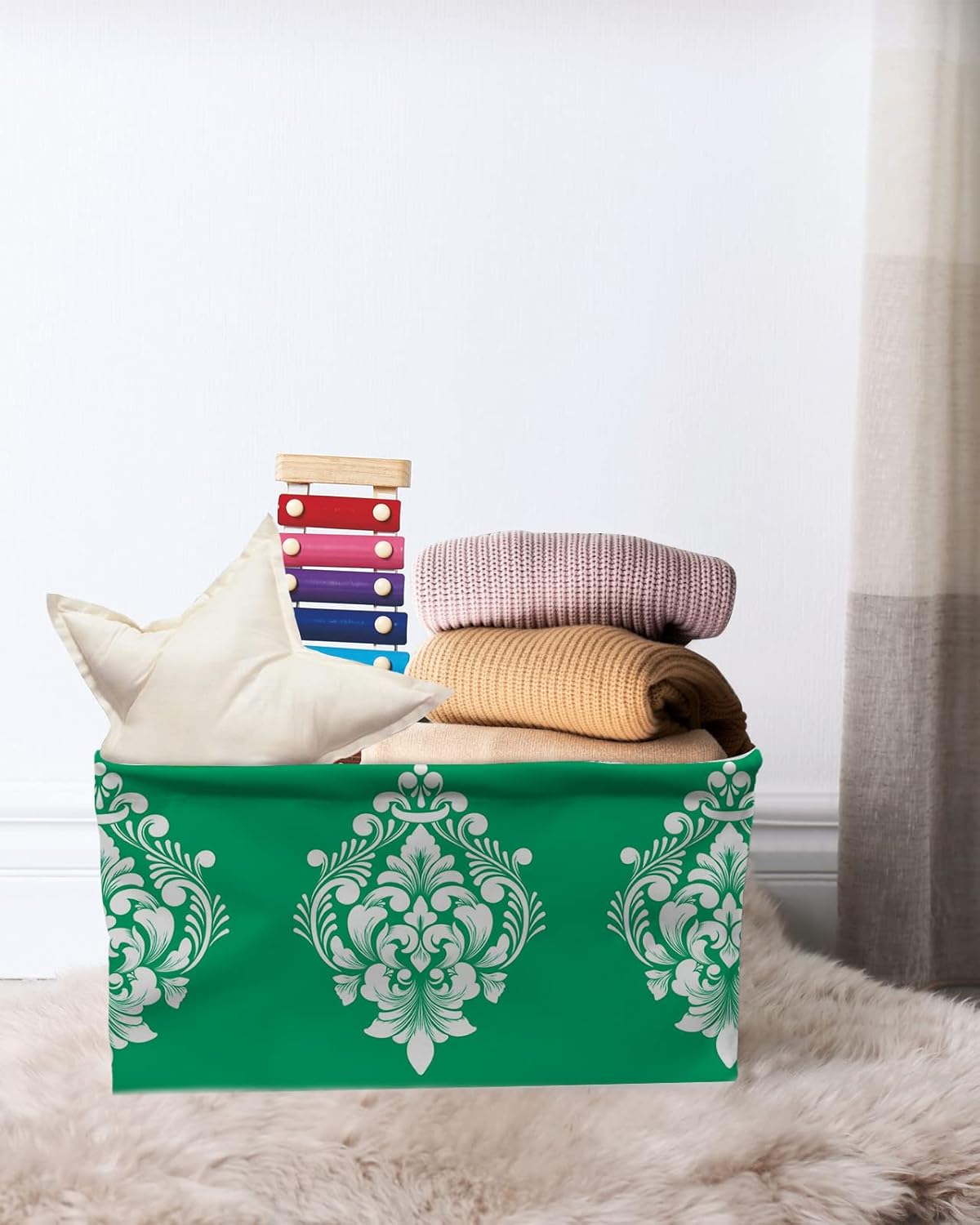Cesta de almacenamiento de cachemira verde para organizar estantes, cajas de almacenamiento plegables con asa, lujosa canasta de lona moderna y