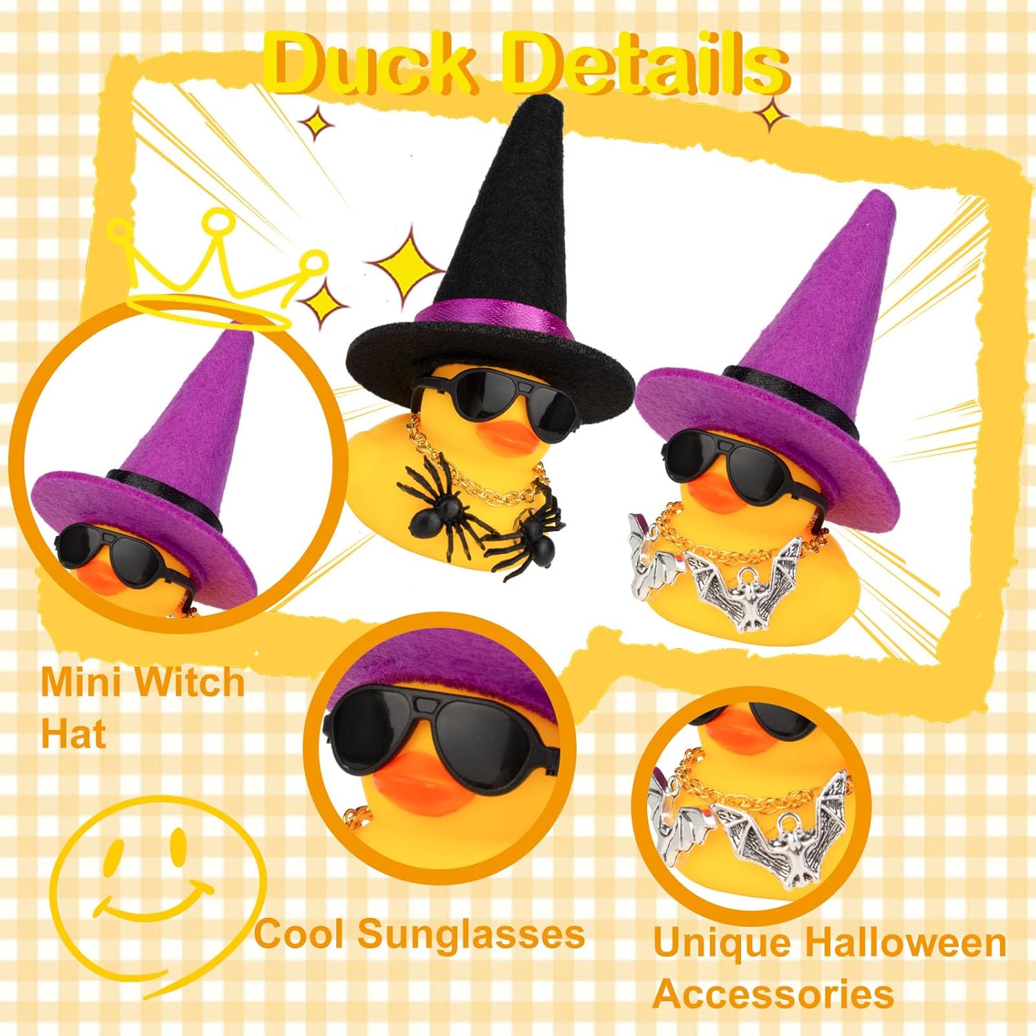 Adornos de pato de goma para automóvil, decoraciones de tablero de automóvil con mini sombrero de bruja, capa, collar, accesorios de Halloween para