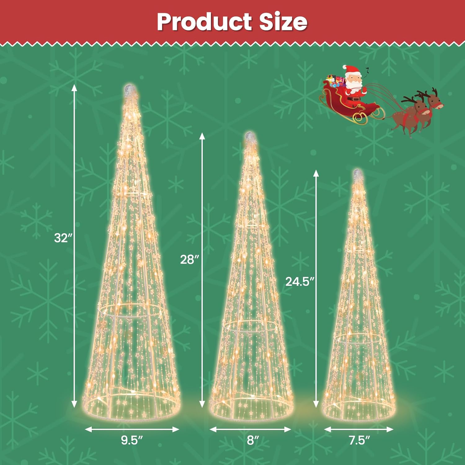 Tangkula Juego de 3 árboles de cono de Navidad iluminados, juego de árbol cónico decorativo de Navidad con cuerdas de estrellas, 90 luces LED