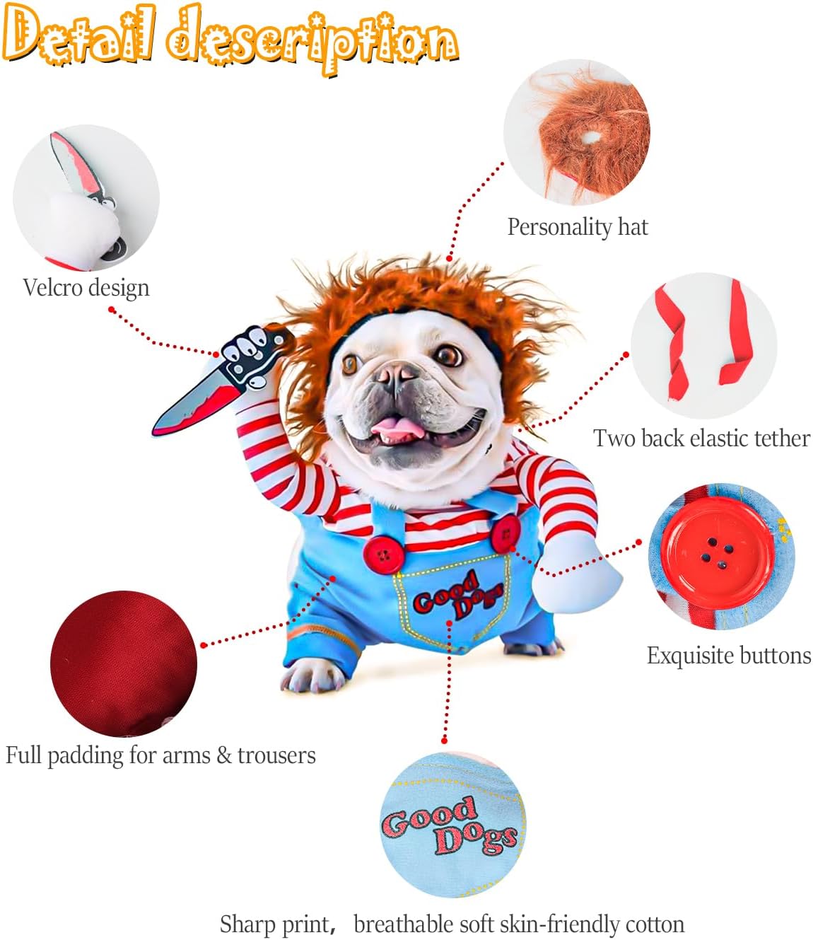 Disfraz de muñeca mortal para perro, divertido disfraz de perro Chucky para Halloween, Navidad, cosplay, ropa para perros pequeños, medianos y