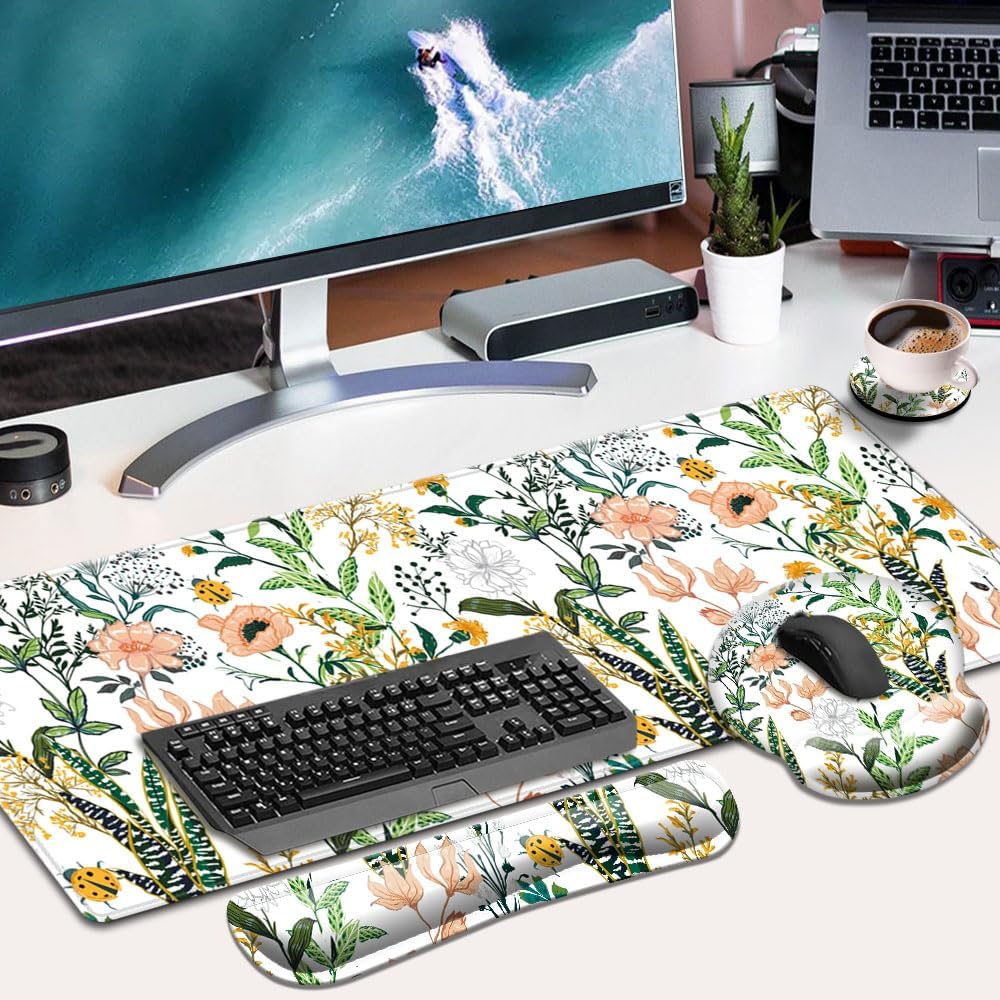 DOOKE Alfombrilla de escritorio, juego de soporte de muñeca para videojuegos, 4 en 1 XXL, alfombrilla de mouse grande + reposamuñecas para teclado,