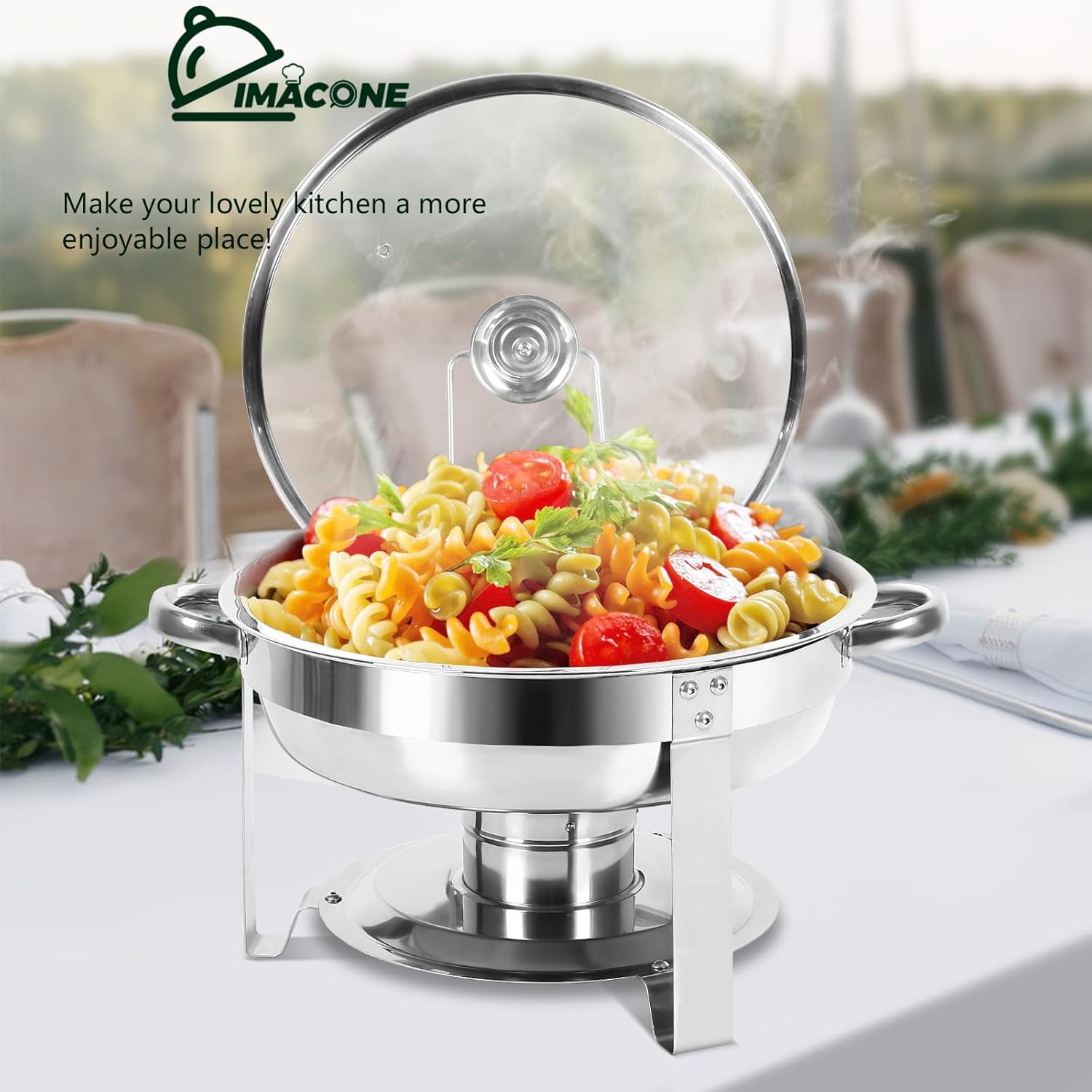 IMACONE Juego de 4 platos de bufé, de acero inoxidable redondo de 5 cuartos de galón para catering, juegos de chafers mejorados y calentadores de