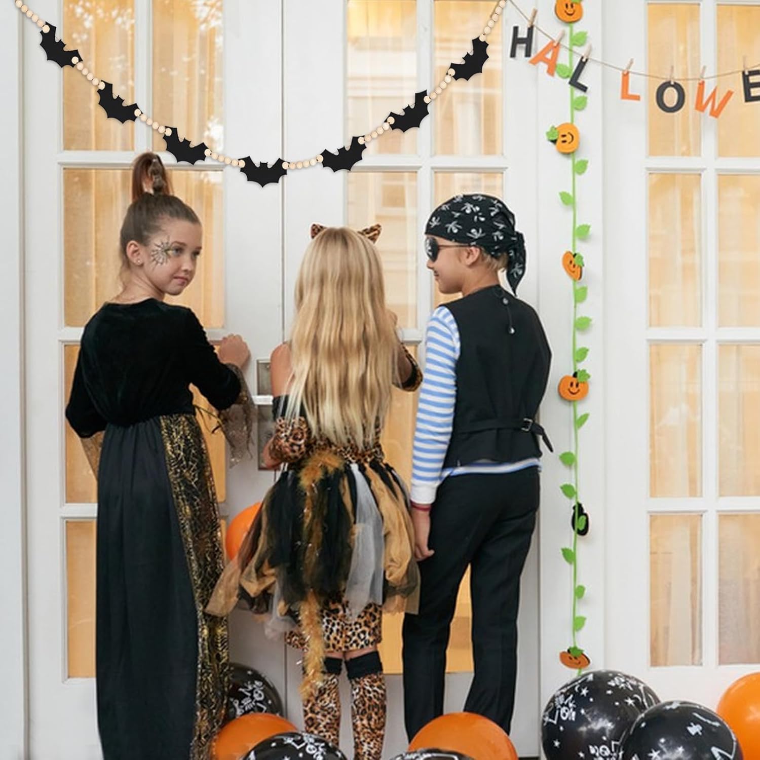 Guirnalda de 2 piezas de Halloween, madera de Halloween, murciélagos de fieltro de Halloween, guirnalda de cuentas para decoración de Halloween,