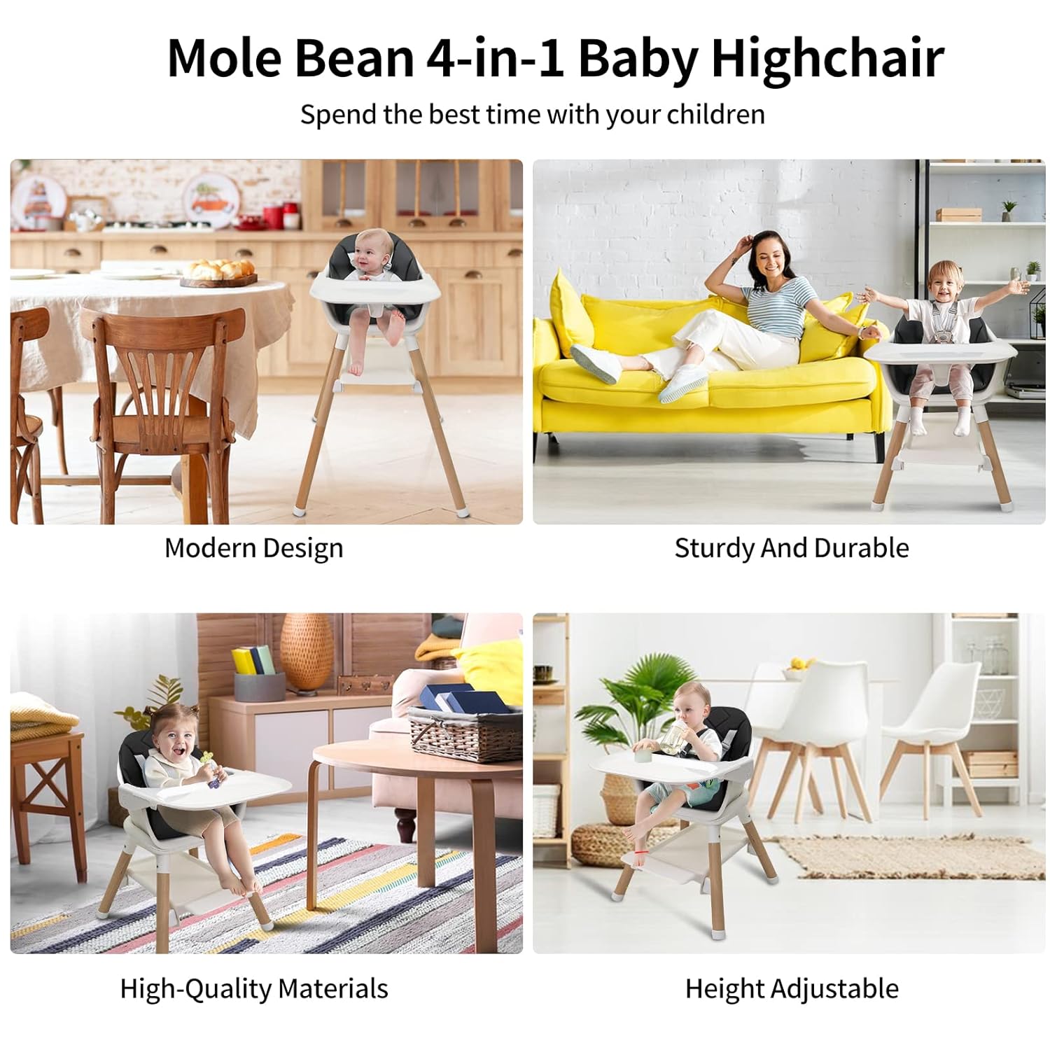 Silla alta de madera 6 en 1, sillas altas para bebés y niños pequeños, sillas altas para bebé con patas ajustables y bandeja apta para lavavajillas,