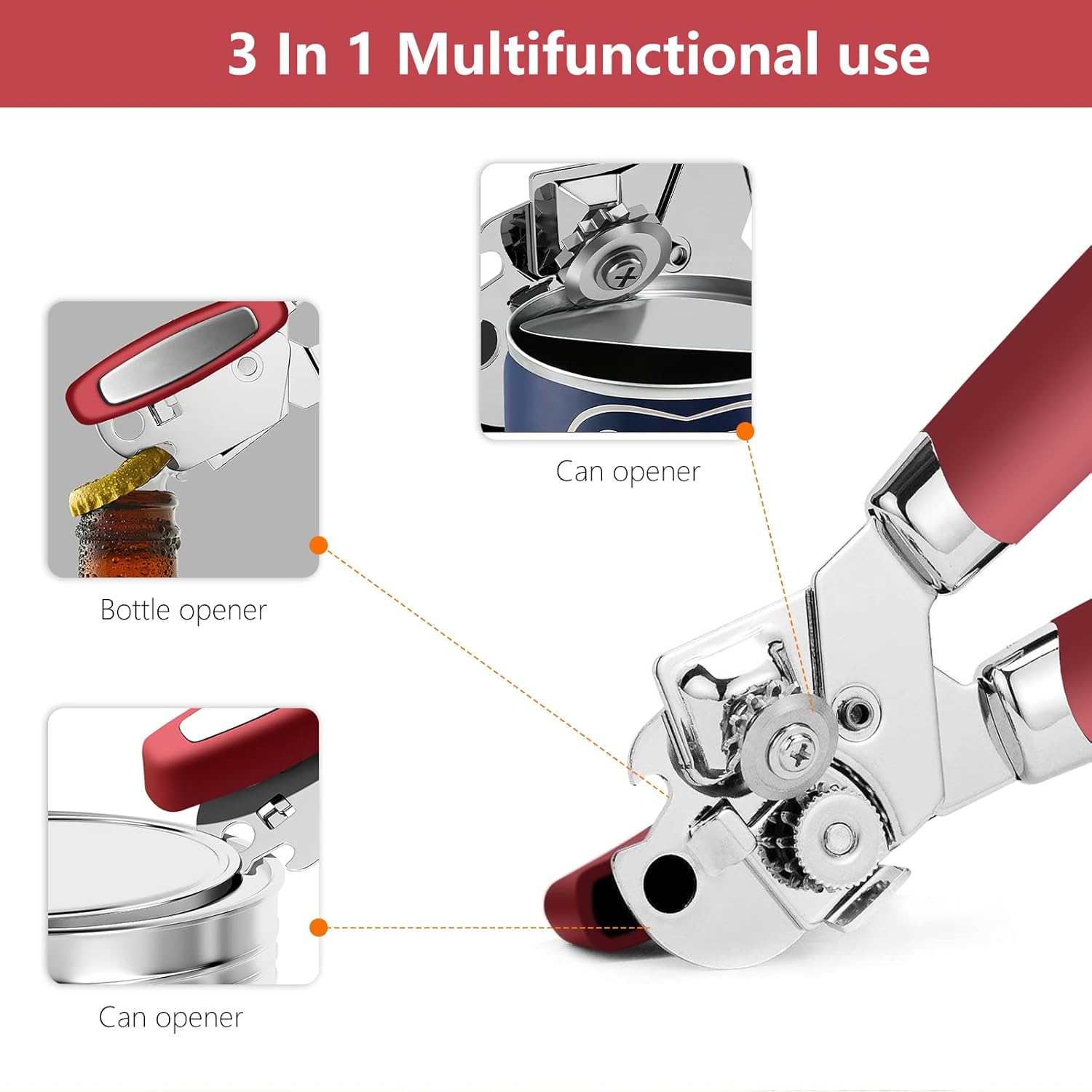 Abrelatas profesional, 3 en 1, multifuncional, manual, abrelatas, abrebotellas, acero inoxidable duradero, resistente, borde liso para cocina, apto