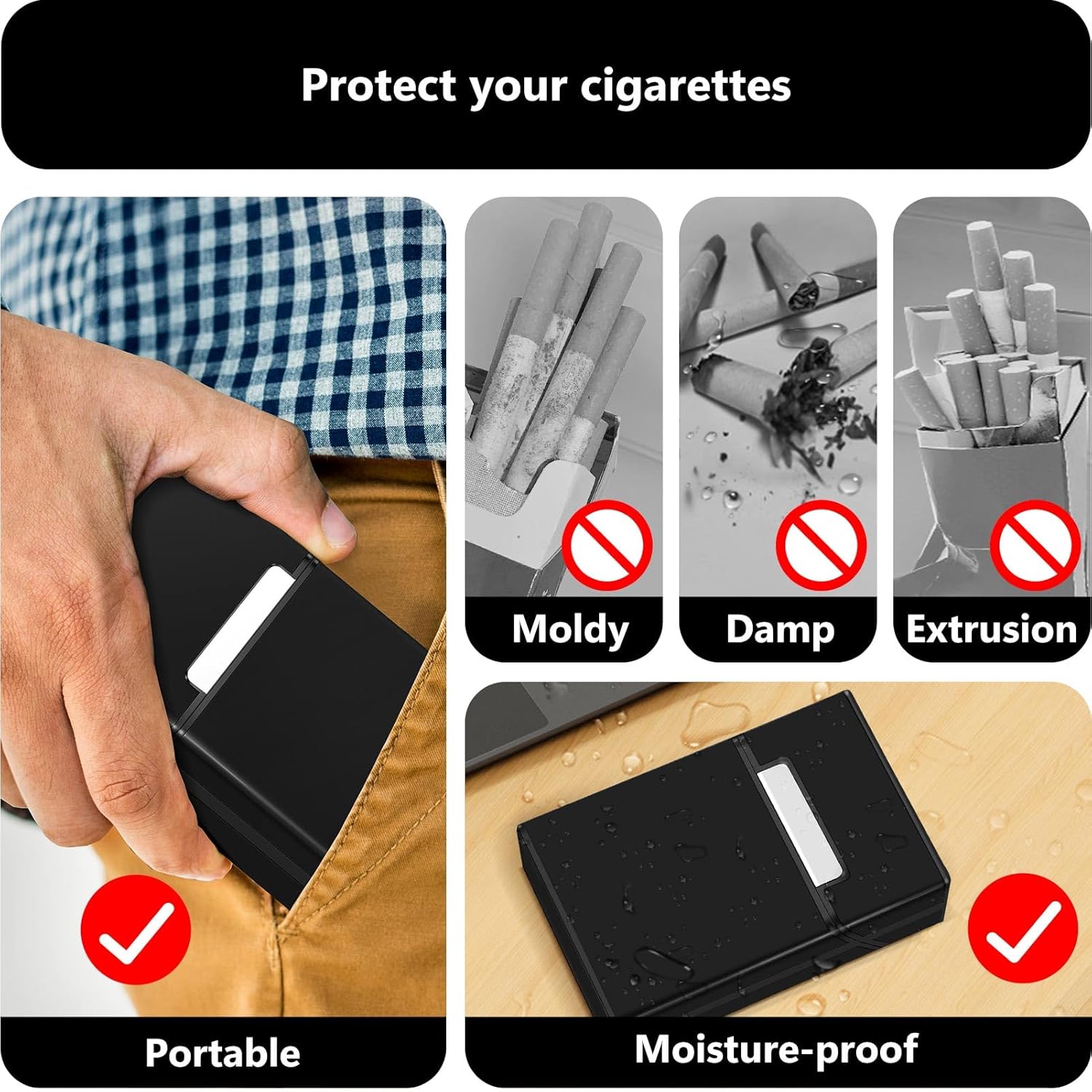 roygra Caja de cigarrillos, interruptor magnético de aluminio con capacidad para 20  2 unidades (negro + plata, 3.346 in tamaño King)