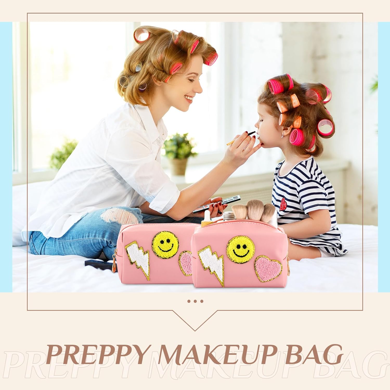 Silkfly 15 piezas de parche Preppy bolsa de maquillaje de letras de chenilla bolsa de cosméticos bolsa de aseo sonrisa rayo corazón PU pequeño