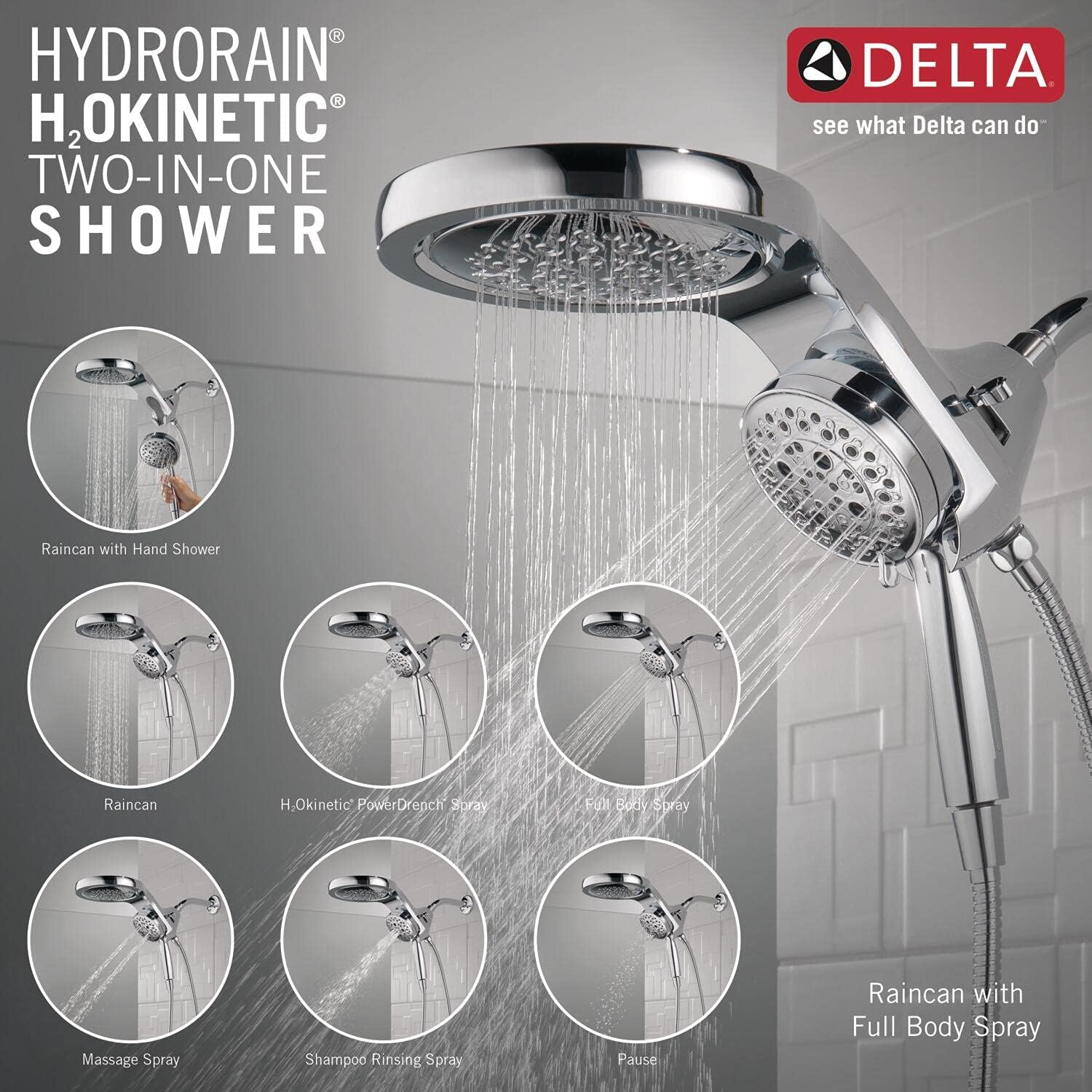 Delta Faucet HydroRain H2Okinetic 58680-PR – Regadera doble de 5 pulverizaciones con rociador de mano y manguera, regaderas de mano, regadera