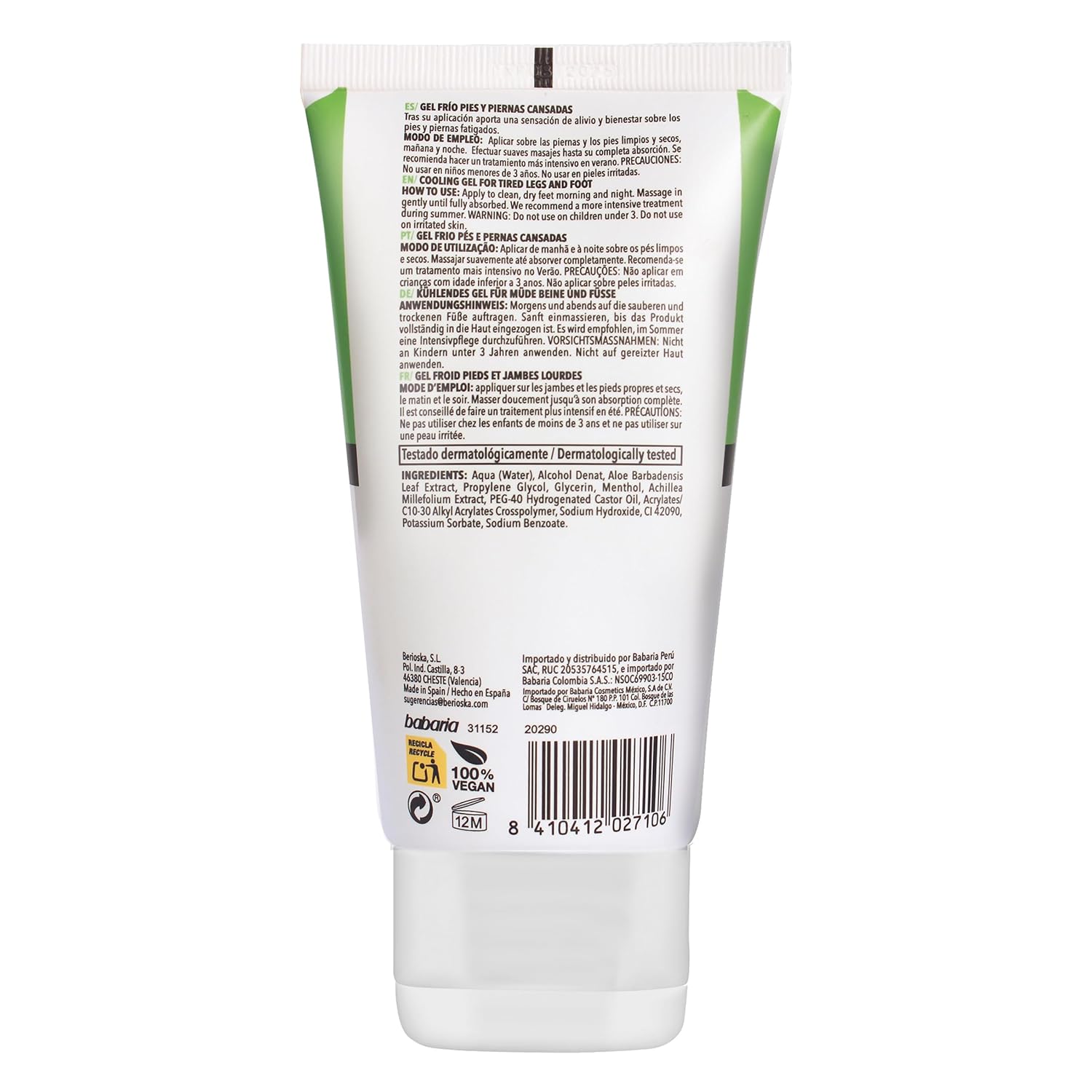 Babaria Gel refrescante para piernas y pies – Efecto calmante y suavizante – Proporciona propiedades regeneradoras y calmantes – Infundido con