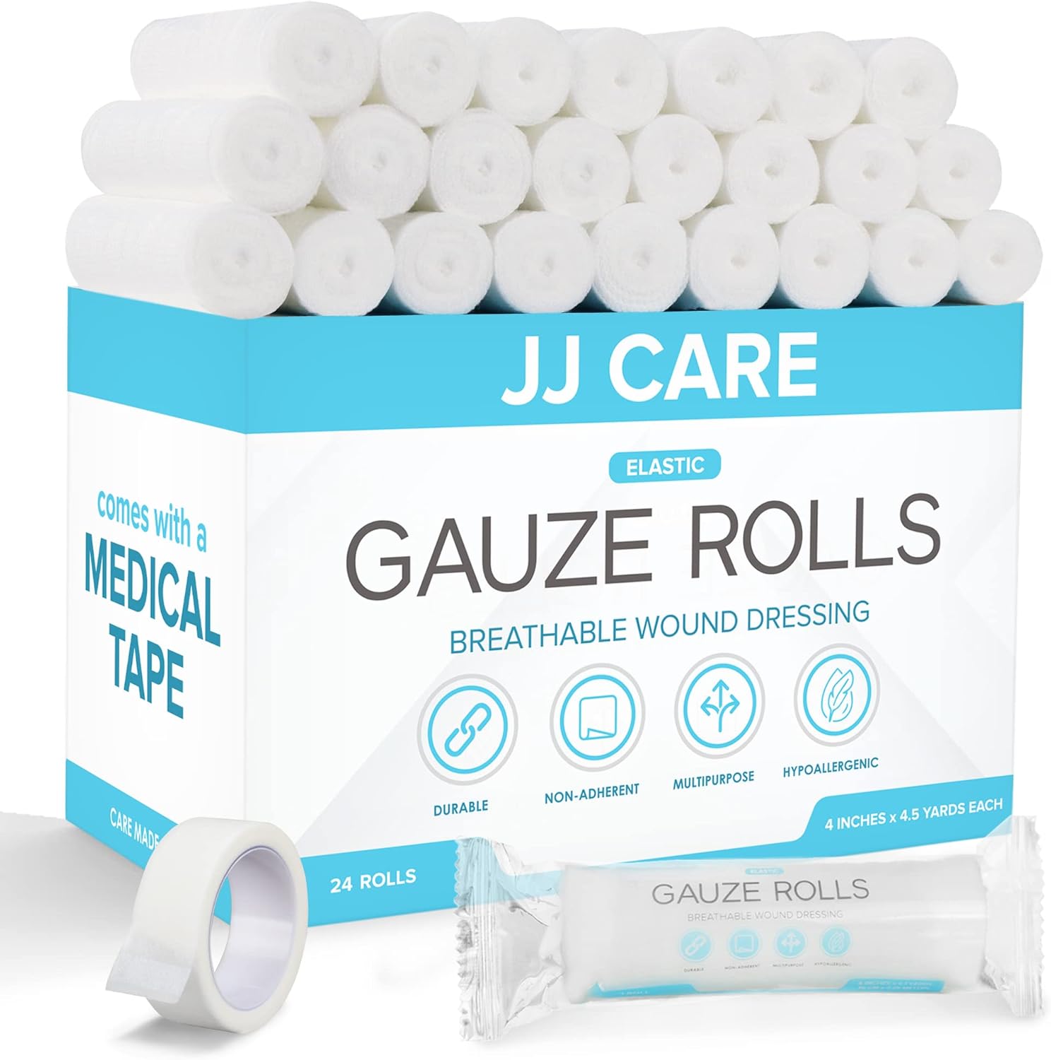 JJ CARE Paquete de 24 rollos de gasa envueltos individualmente, con cinta médica adicional, 4 pulgadas x 4.1 yardas, rollos de gasa enrollada, sin