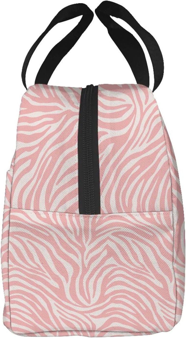 Bolsa de almuerzo portátil con estampado animal de cebra rosa para mujeres y hombres, bolsa de almuerzo reutilizable para