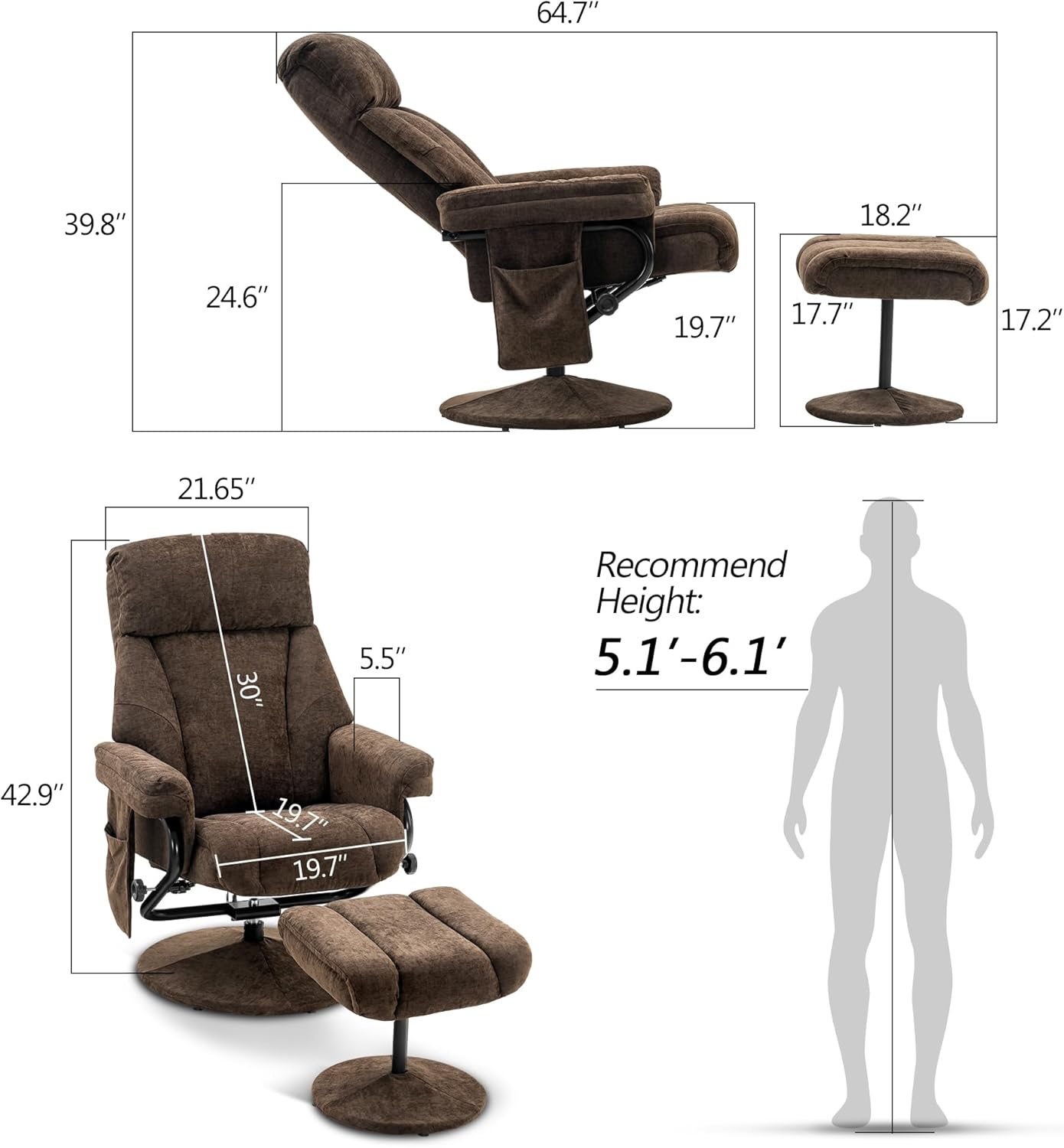 MCombo Sillón reclinable con otomana, silla reclinable con masaje, sillas reclinables giratorias de tela de felpilla para sala de estar 4828 (marrón)