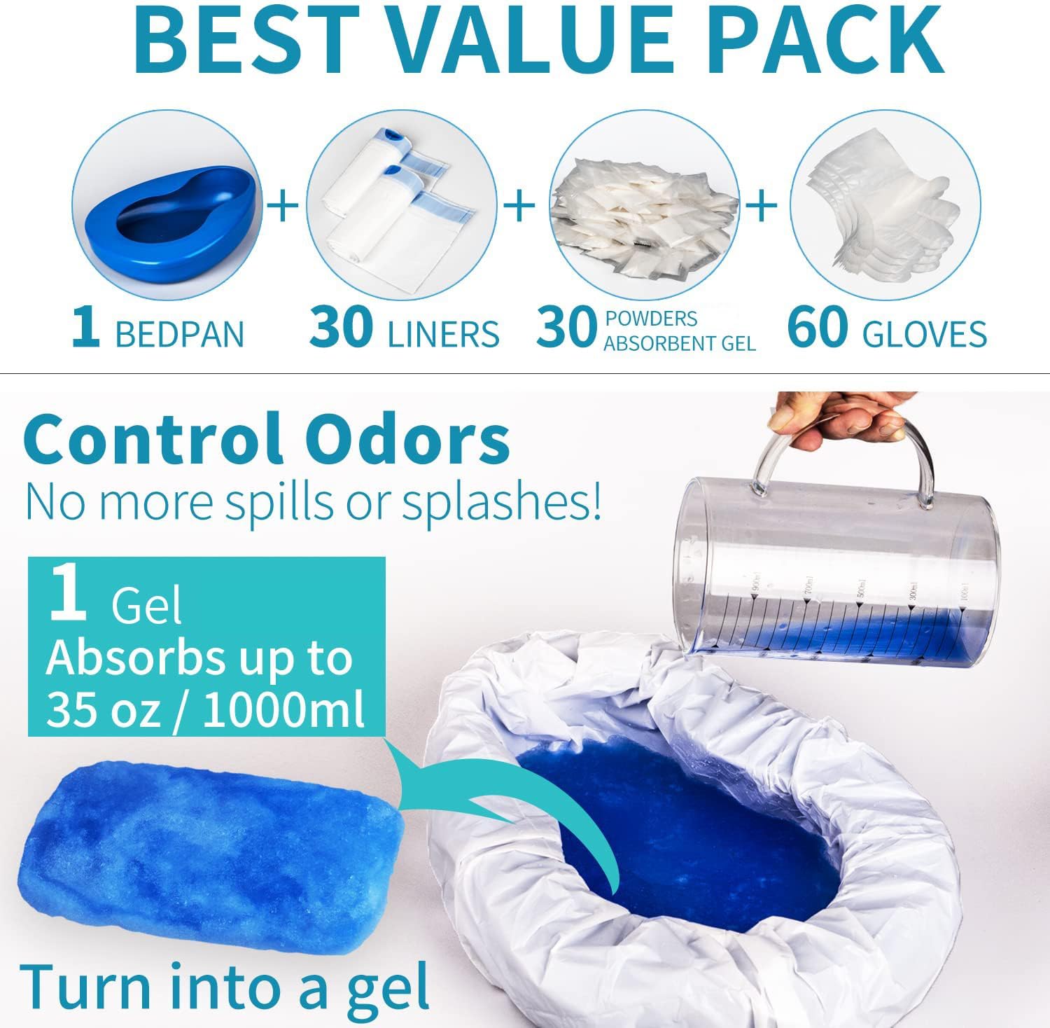 Juego de 30 almohadillas absorbentes de gel y 30 forros desechables, bandeja de cama para mujeres mayores, bandeja de cama con forros y residuos