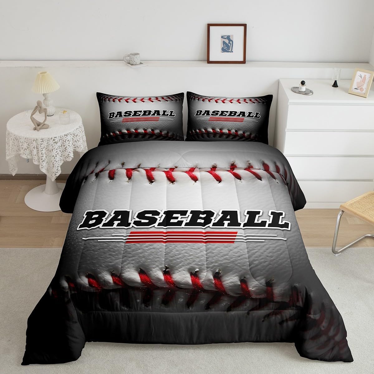 Manfei Juego de edredón de béisbol blanco para niños, tamaño matrimonial, juego de edredón con temática deportiva con 2 fundas de almohada, juego de