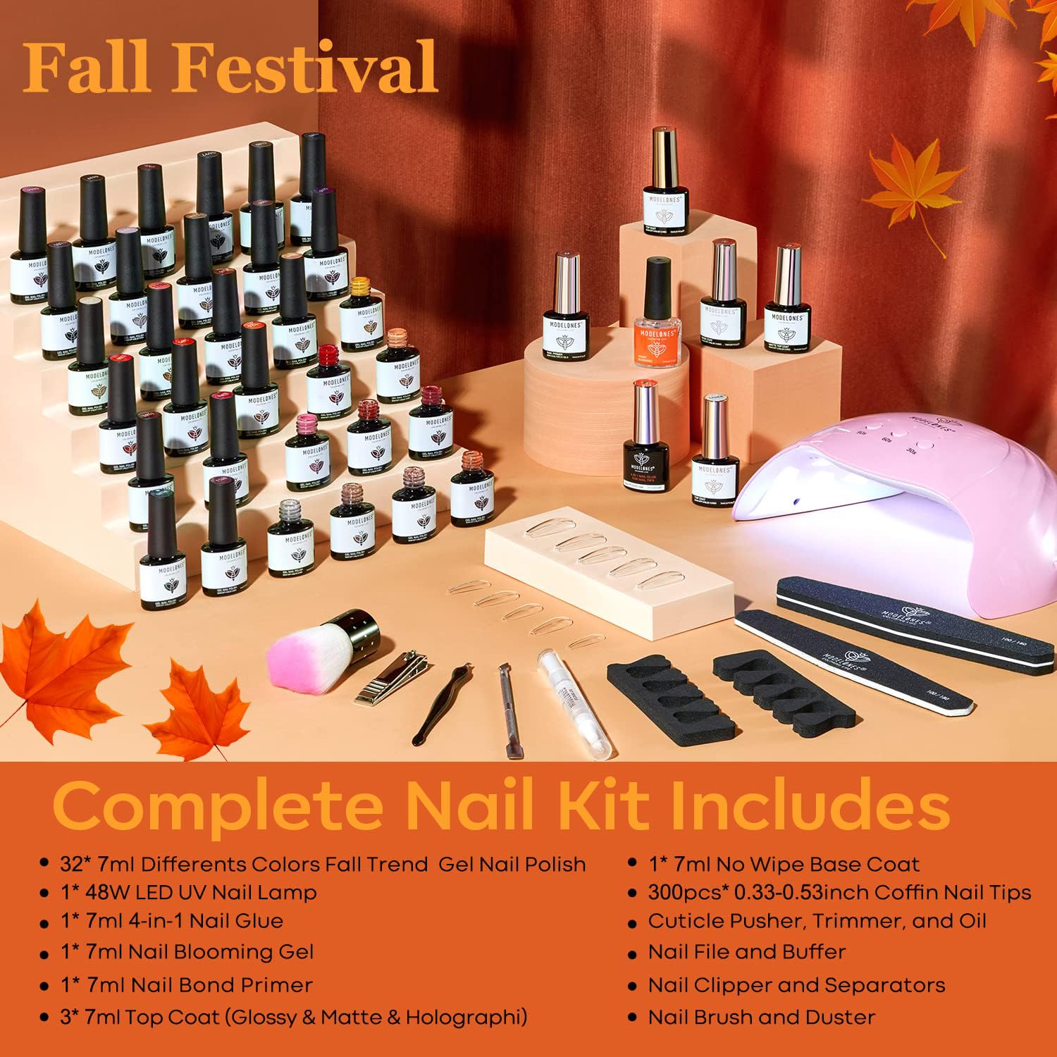 Modelones Kit de esmalte de uñas de gel de 32 colores otoñales con luz UV  49 piezas amarillo, naranja, marrón, rojizo rojo burdeos, kit de manicura