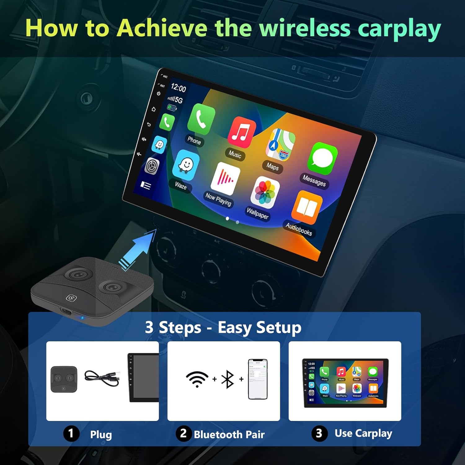 Podofo Adaptador inalámbrico Apple Carplay 2024 para fábrica con cable CarPlay iPhone Bluetooth Adaptador de coche con cable a inalámbrico Apple Car