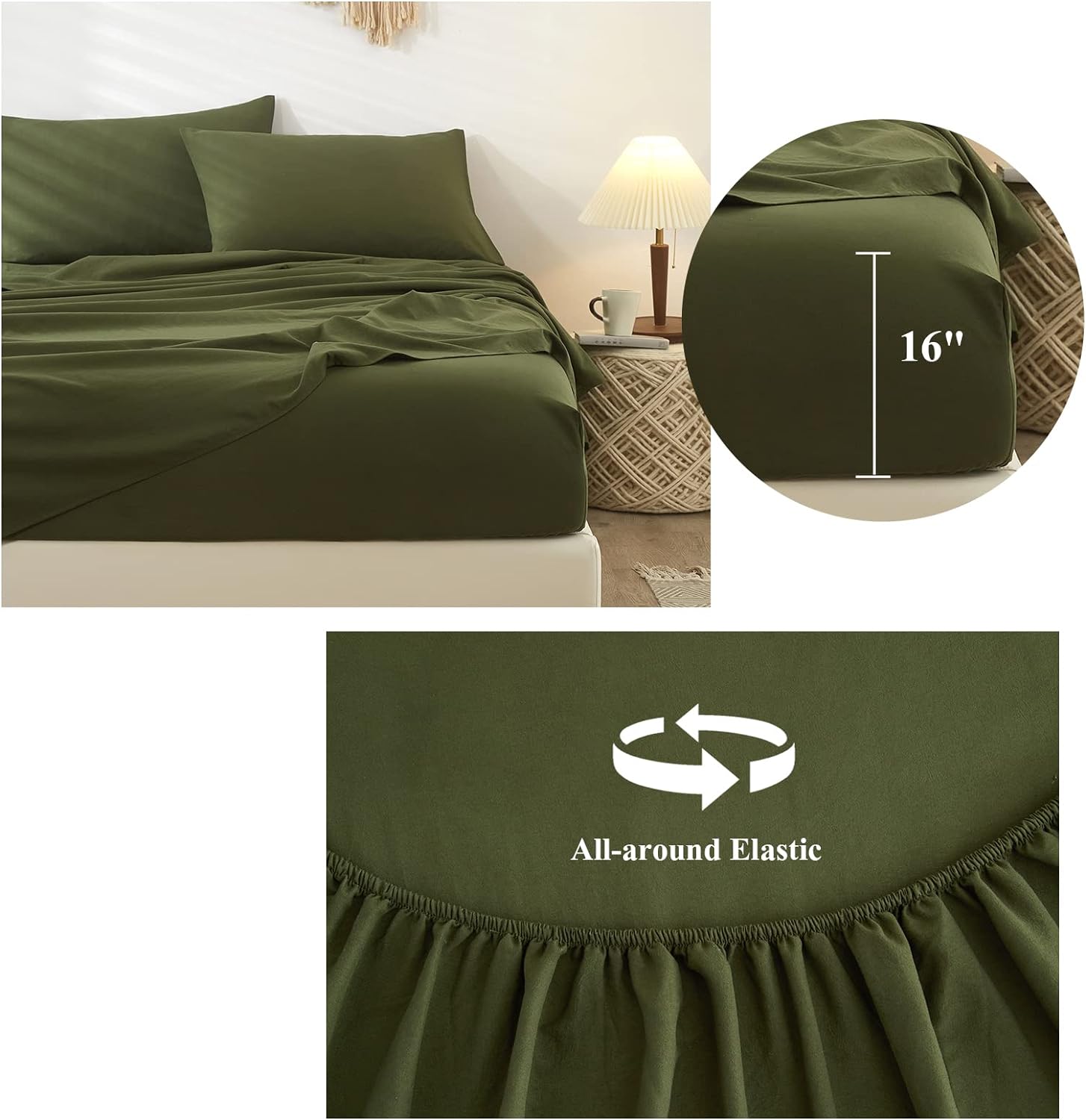 Juego de sábanas tamaño California King, color verde militar, sábanas refrescantes de 4 piezas para cama tamaño California King, sábanas y fundas de